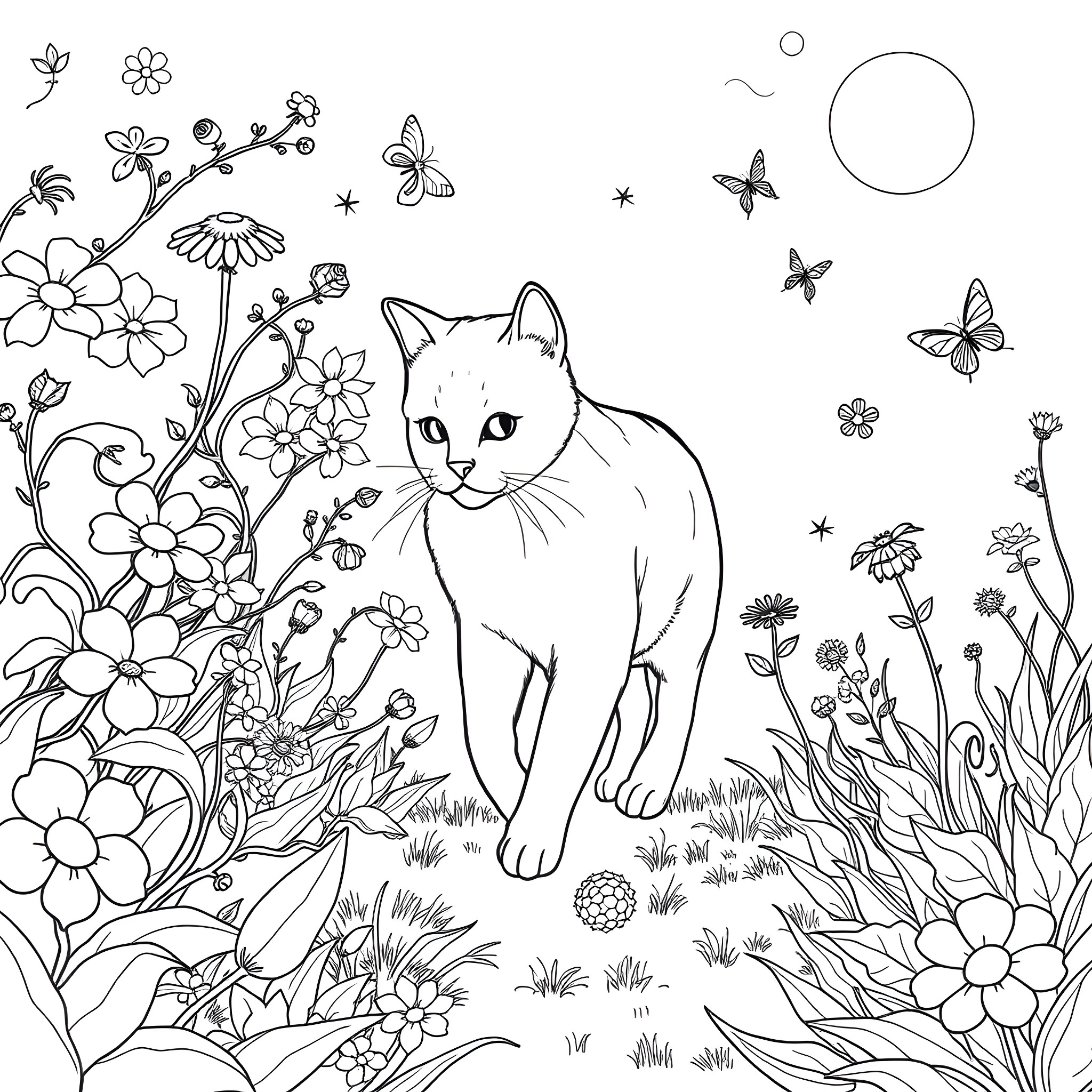 Cat exploring a flower-filled garden Coloring Page (free black-and-white line drawing printable PDF for all, from beginners to advanced learners, including children, teens, adults, and seniors)