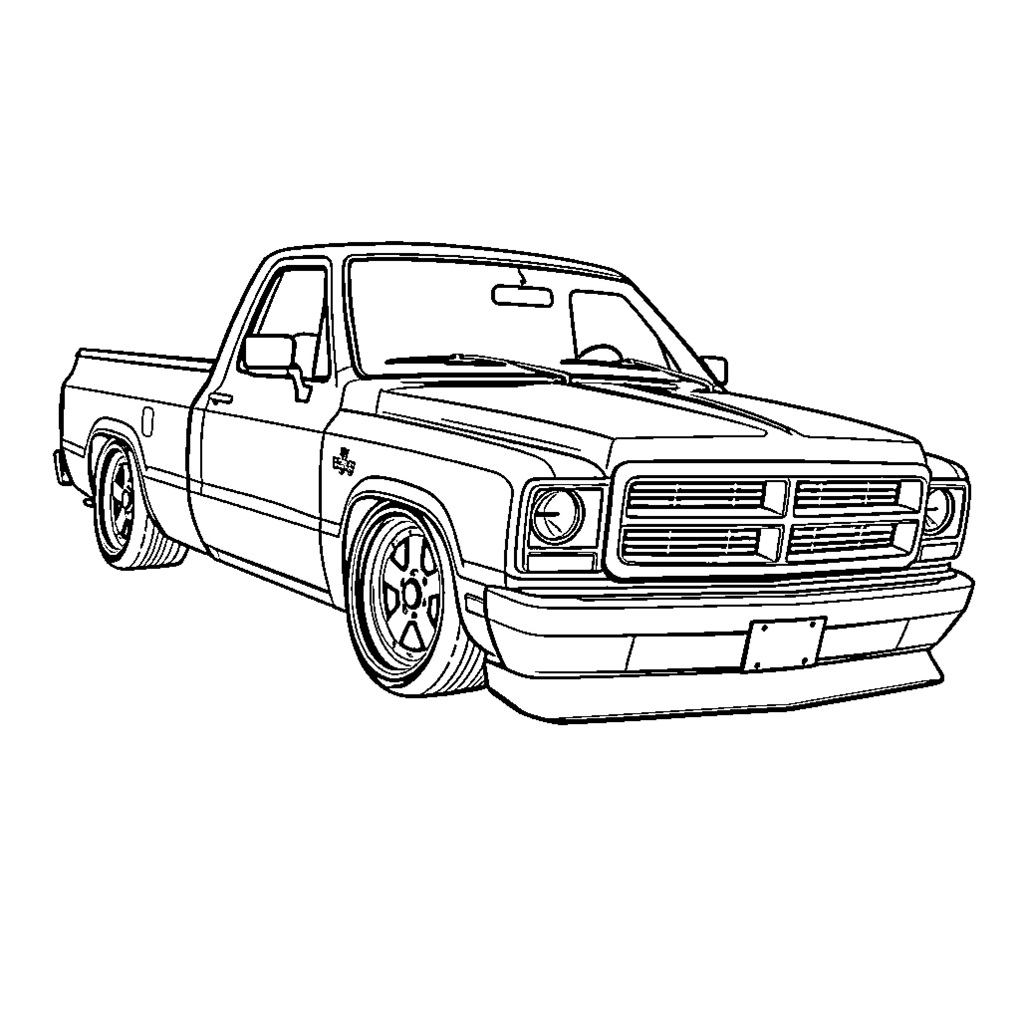 Dodge Truck parked with stylized design Coloring Page (free black-and-white line drawing printable PDF for all, from beginners to advanced learners, including children, teens, adults, and seniors)
