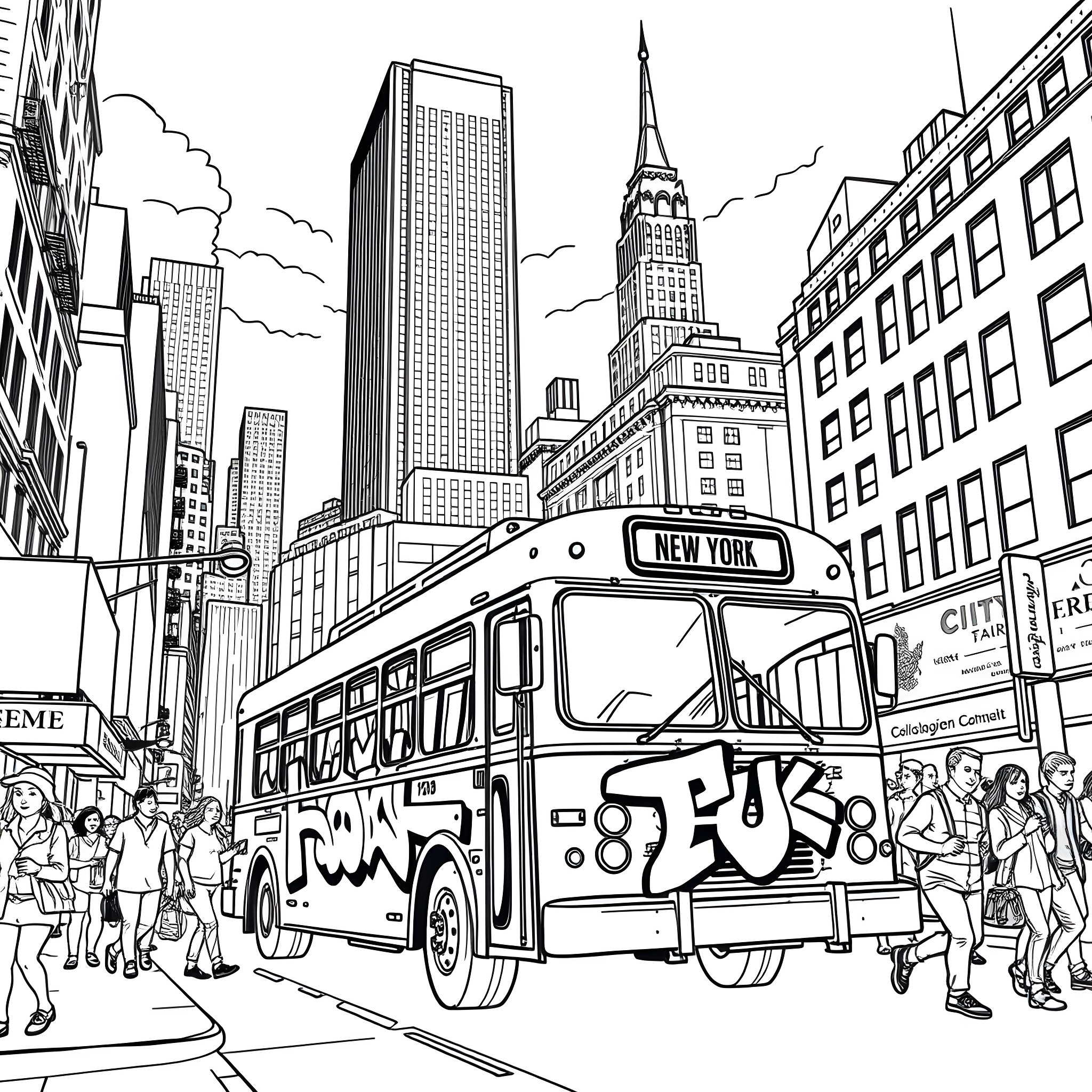 Bus with Graffiti Travels Through Busy New York City Street Coloring Page (free black-and-white line drawing printable PDF for all, from beginners to advanced learners, including children, teens, adults, and seniors)