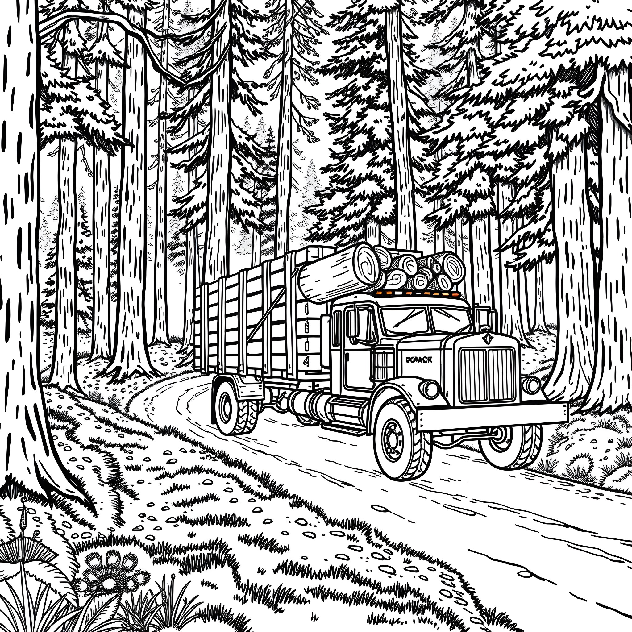 Wood Truck Transporting Timber Through the Forested Landscape Coloring Page (free black-and-white line drawing printable PDF for all, from beginners to advanced learners, including children, teens, adults, and seniors)