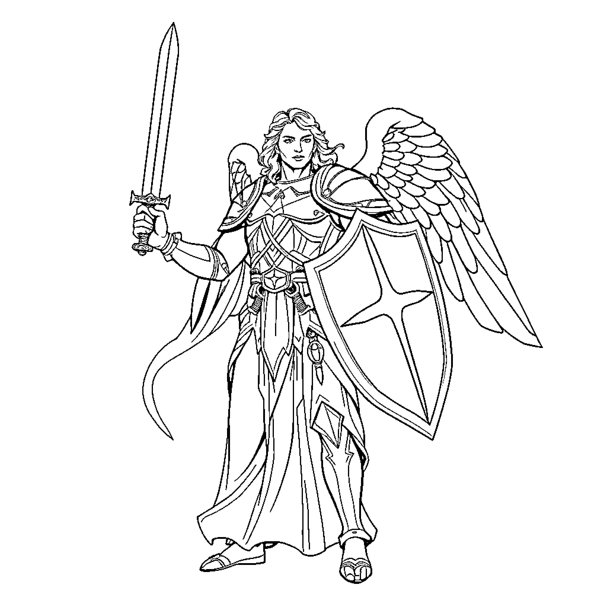 Archangel warrior in shining armor wielding sword and shield Coloring Page (free black-and-white line drawing printable PDF for all, from beginners to advanced learners, including children, teens, adults, and seniors)