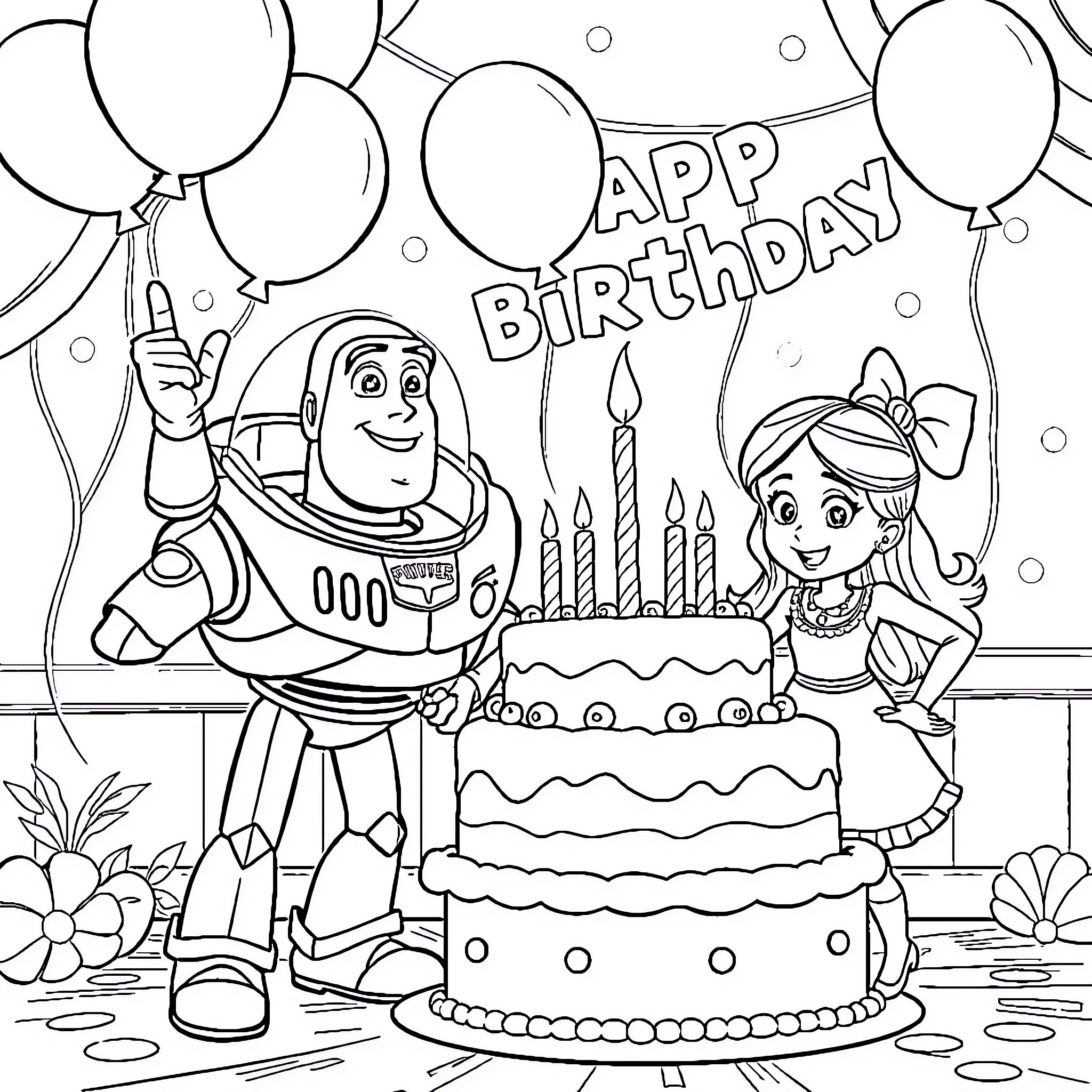 Buzz Lightyear celebrates birthday with friends Coloring Page (free black-and-white line drawing printable PDF for all, from beginners to advanced learners, including children, teens, adults, and seniors)