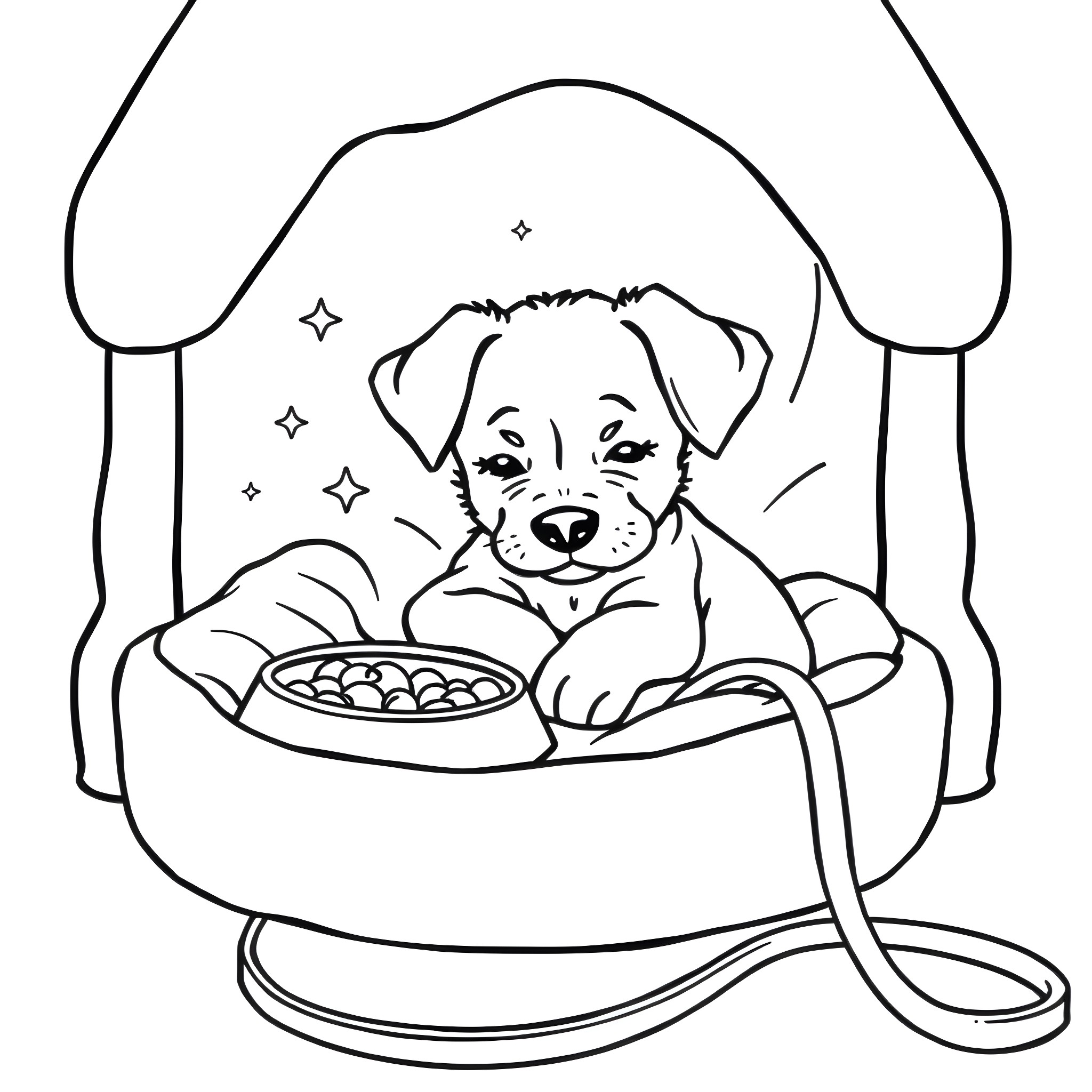 Puppy enjoying a cozy evening meal Coloring Page (free black-and-white line drawing printable PDF for all, from beginners to advanced learners, including children, teens, adults, and seniors)