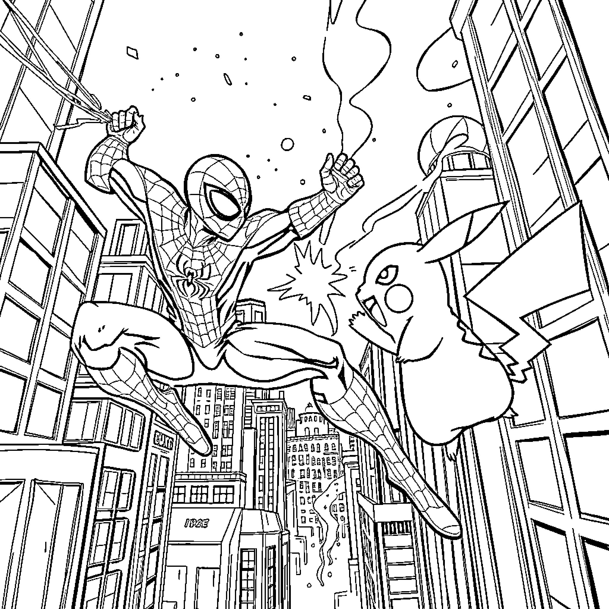 Spiderman swinging through the city with villains Coloring Page (free black-and-white line drawing printable PDF for all, from beginners to advanced learners, including children, teens, adults, and seniors)
