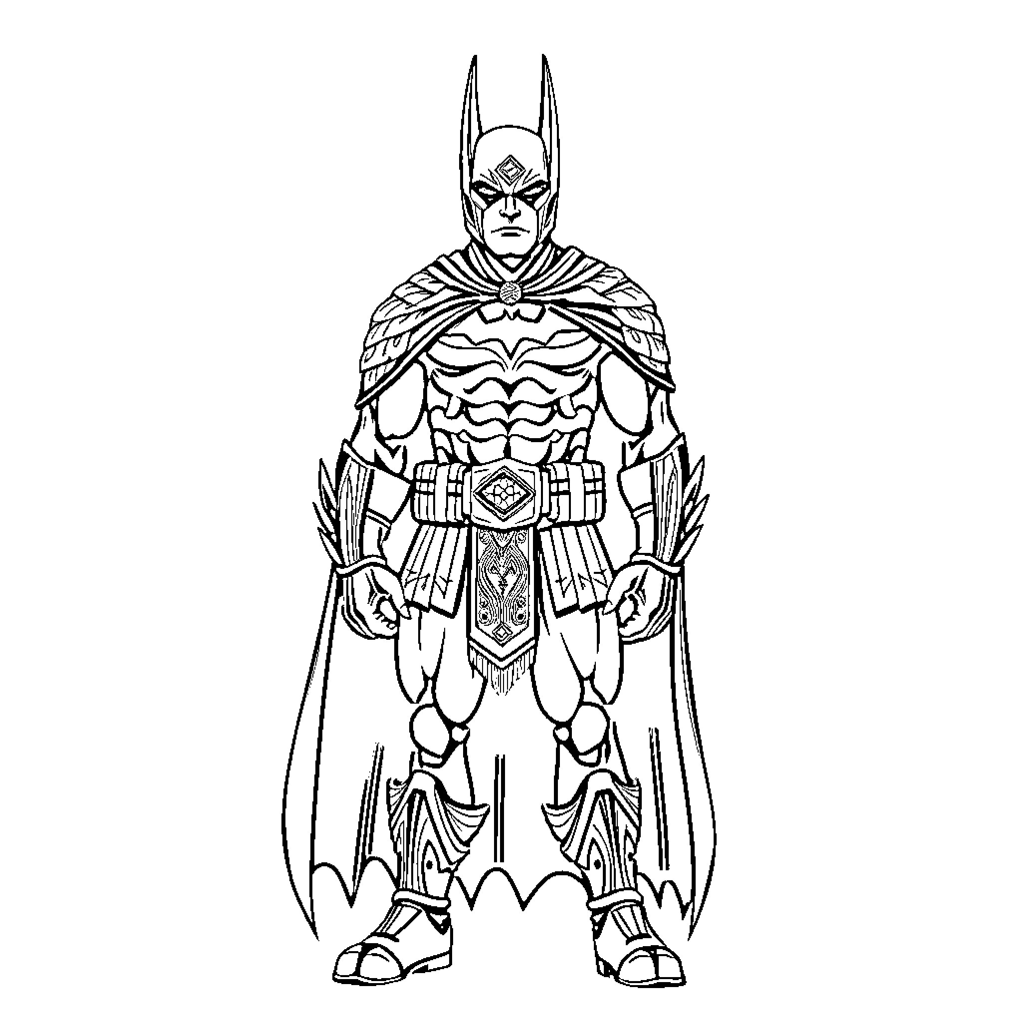 Maori Batman in ceremonial warrior attire Coloring Page (free black-and-white line drawing printable PDF for all, from beginners to advanced learners, including children, teens, adults, and seniors)
