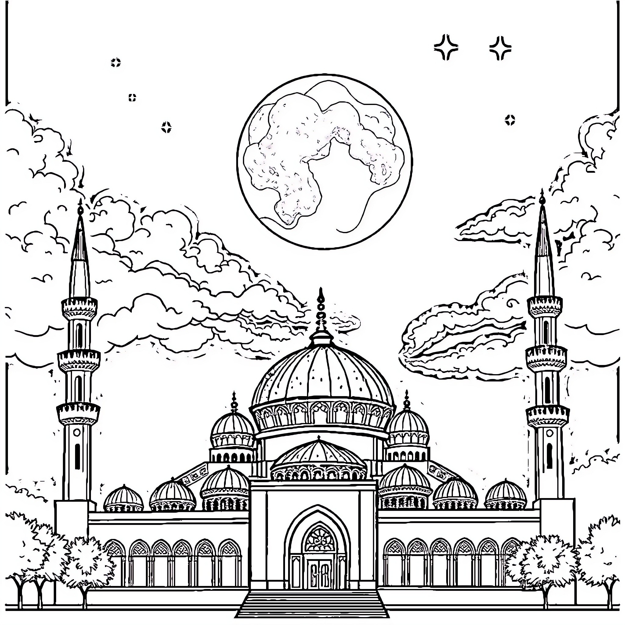 Moon over the grand mosque Coloring Page (free black-and-white line drawing printable PDF for all, from beginners to advanced learners, including children, teens, adults, and seniors)