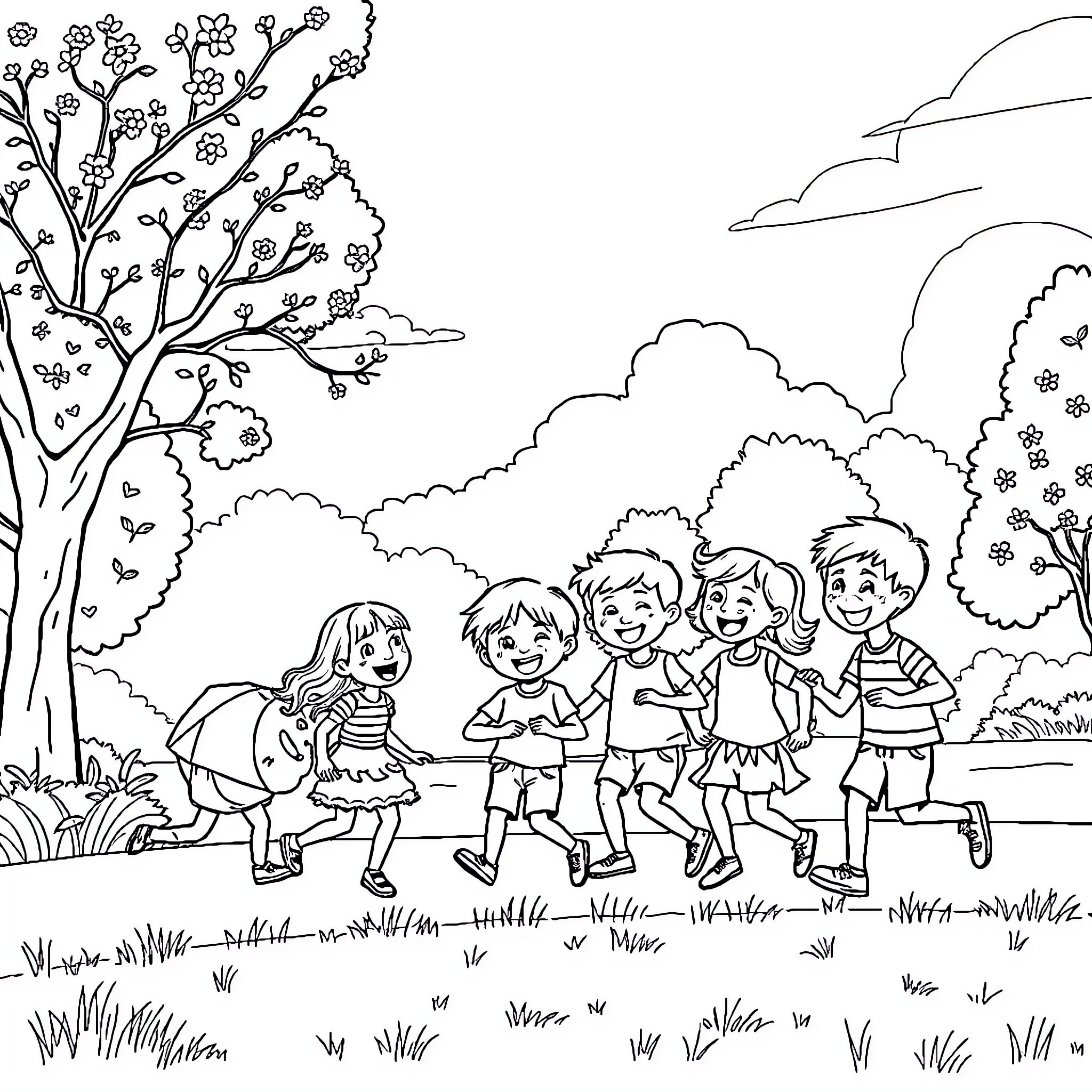 Kids playing happily in the park Coloring Page (free black-and-white line drawing printable PDF for all, from beginners to advanced learners, including children, teens, adults, and seniors)