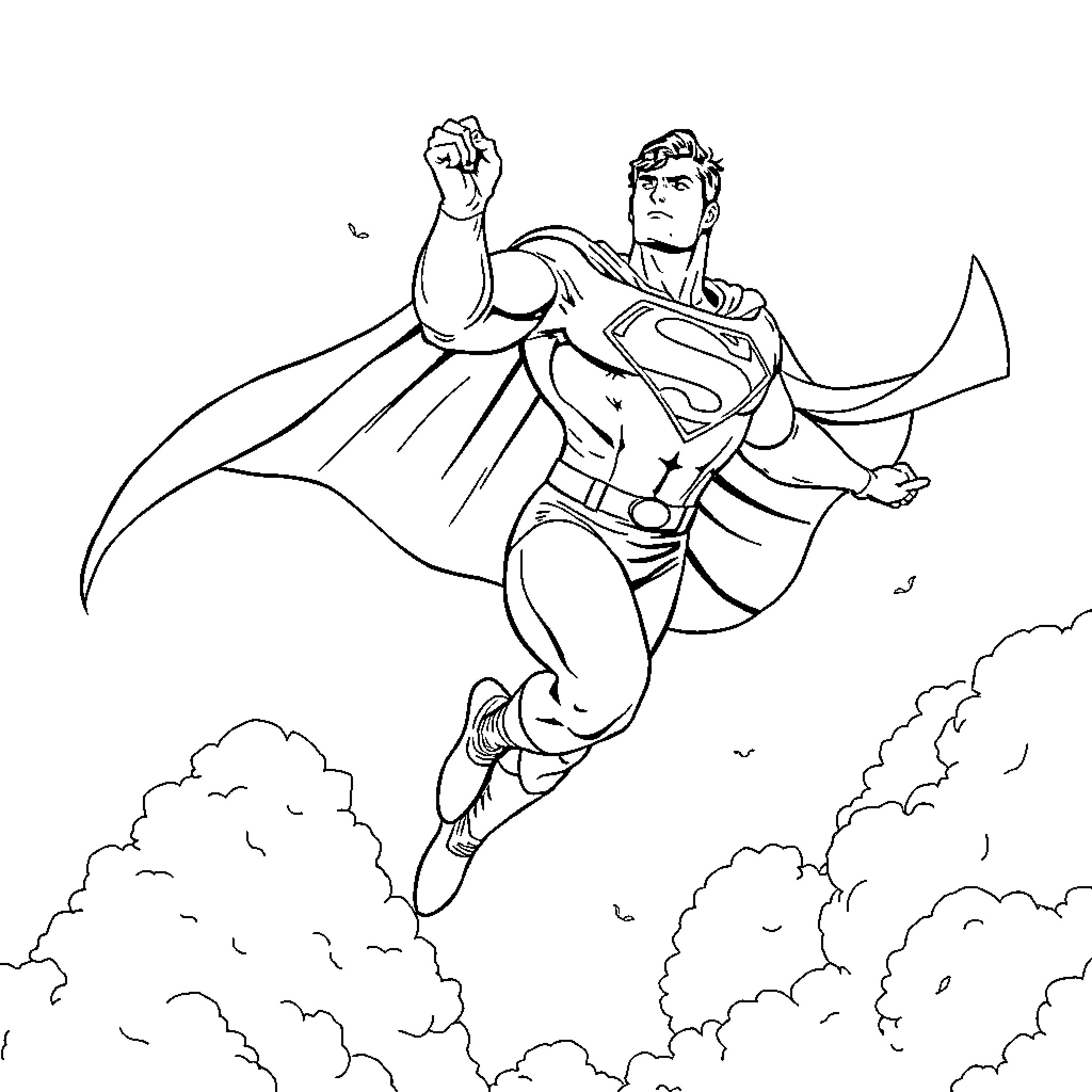 Superman soaring through the skies Coloring Page (free black-and-white line drawing printable PDF for all, from beginners to advanced learners, including children, teens, adults, and seniors)
