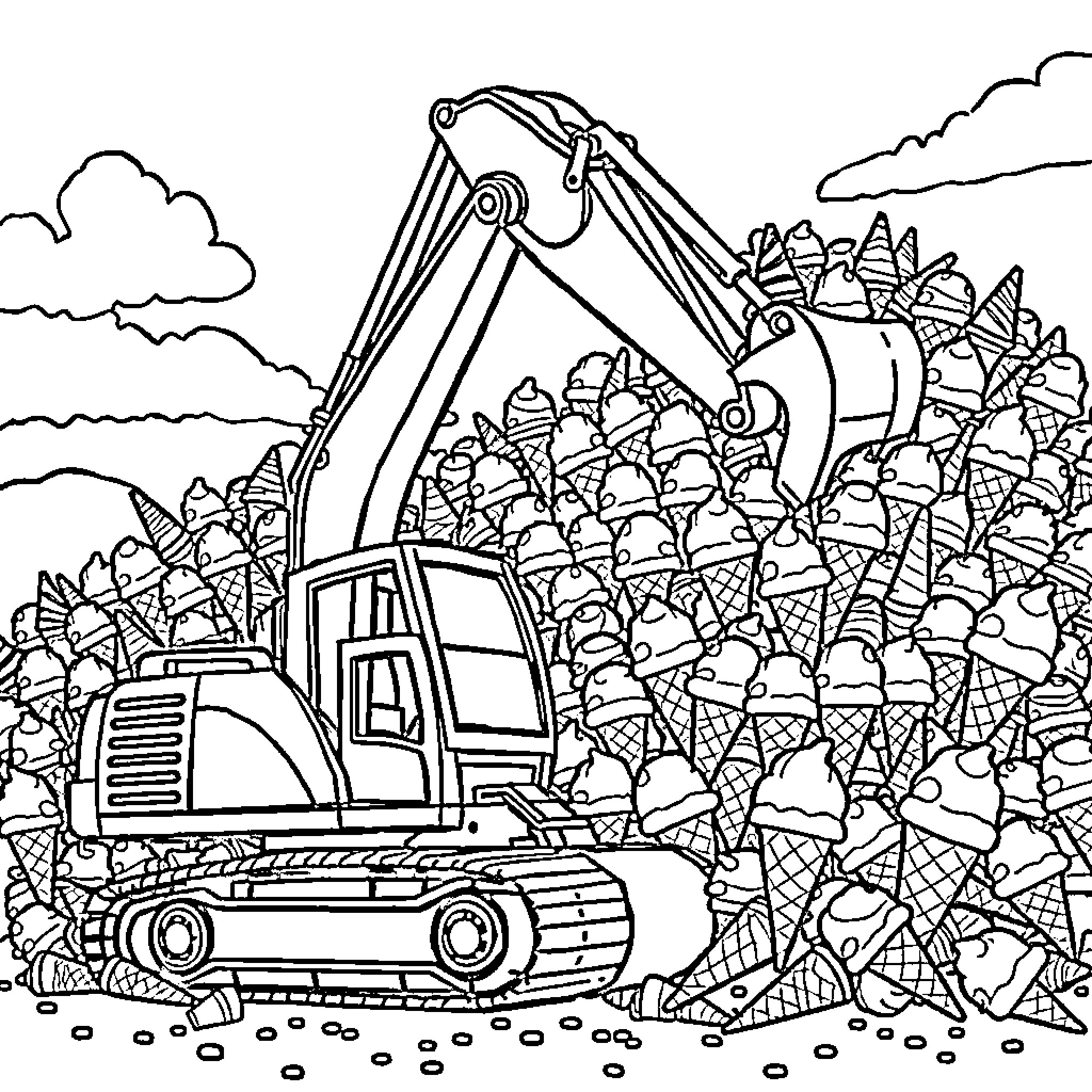 Excavator operating on construction site Coloring Page (free black-and-white line drawing printable PDF for all, from beginners to advanced learners, including children, teens, adults, and seniors)