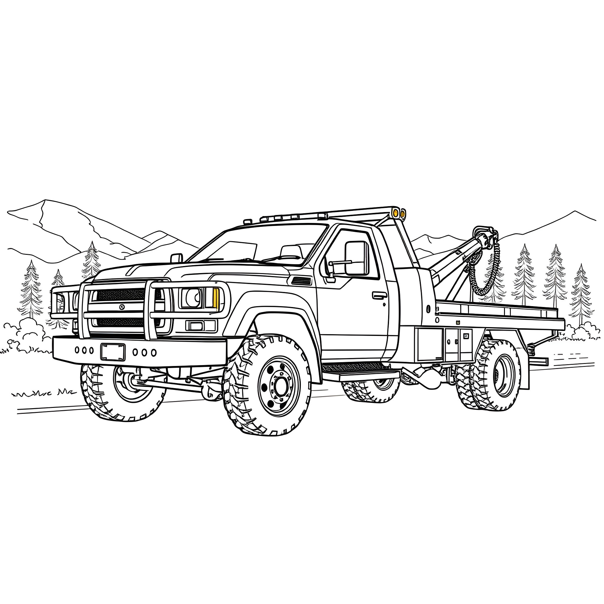 Wrecker Truck Towing Vehicle in Rugged Outdoor Scene Coloring Page (free black-and-white line drawing printable PDF for all, from beginners to advanced learners, including children, teens, adults, and seniors)