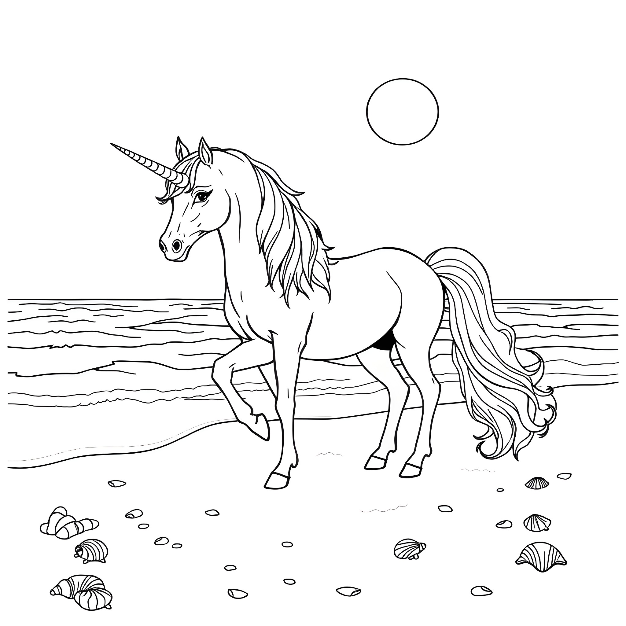 Unicorn strolling gracefully on the beach Coloring Page (free black-and-white line drawing printable PDF for all, from beginners to advanced learners, including children, teens, adults, and seniors)
