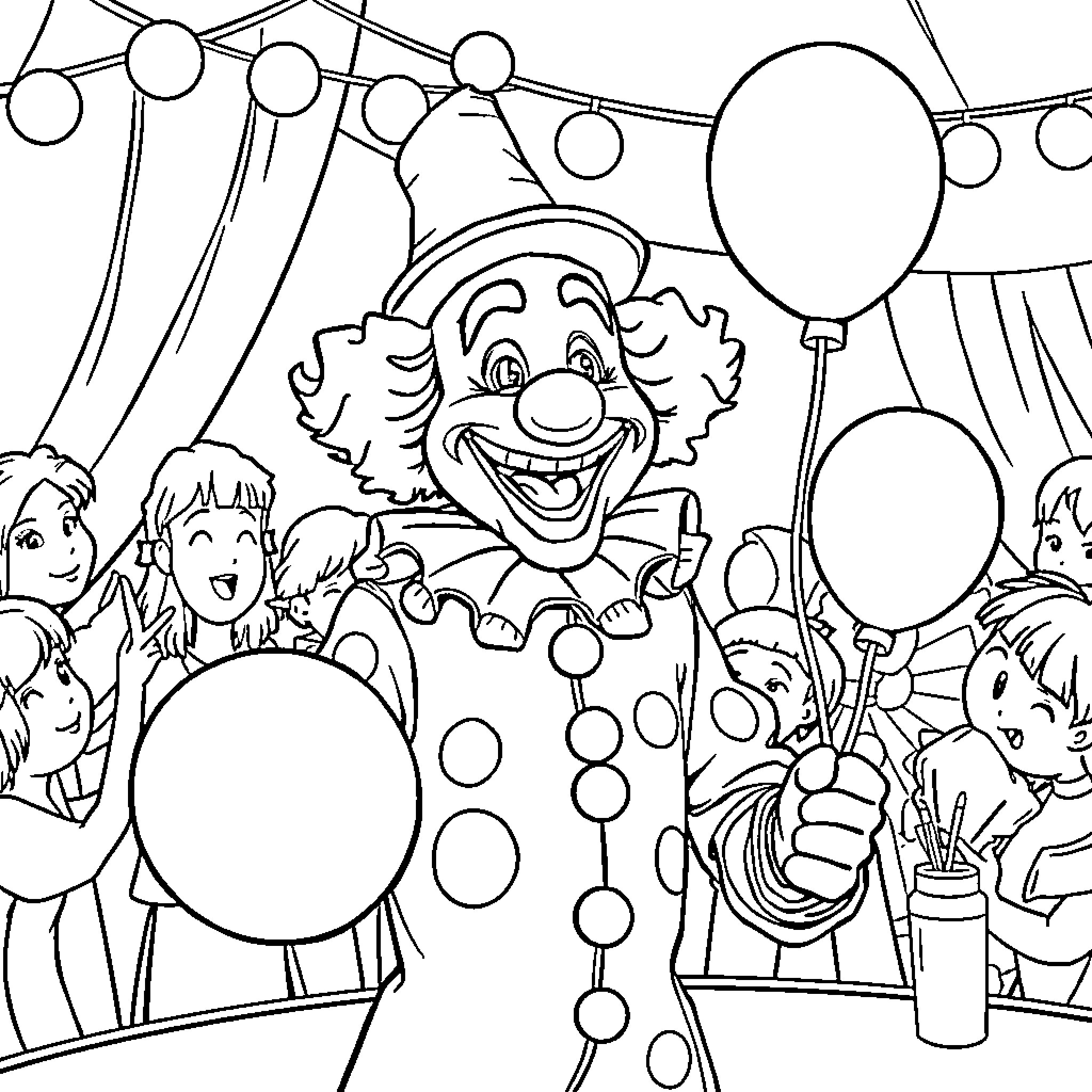 Plin Plin Circus Show with Joyful Clown Coloring Page (free black-and-white line drawing printable PDF for all, from beginners to advanced learners, including children, teens, adults, and seniors)