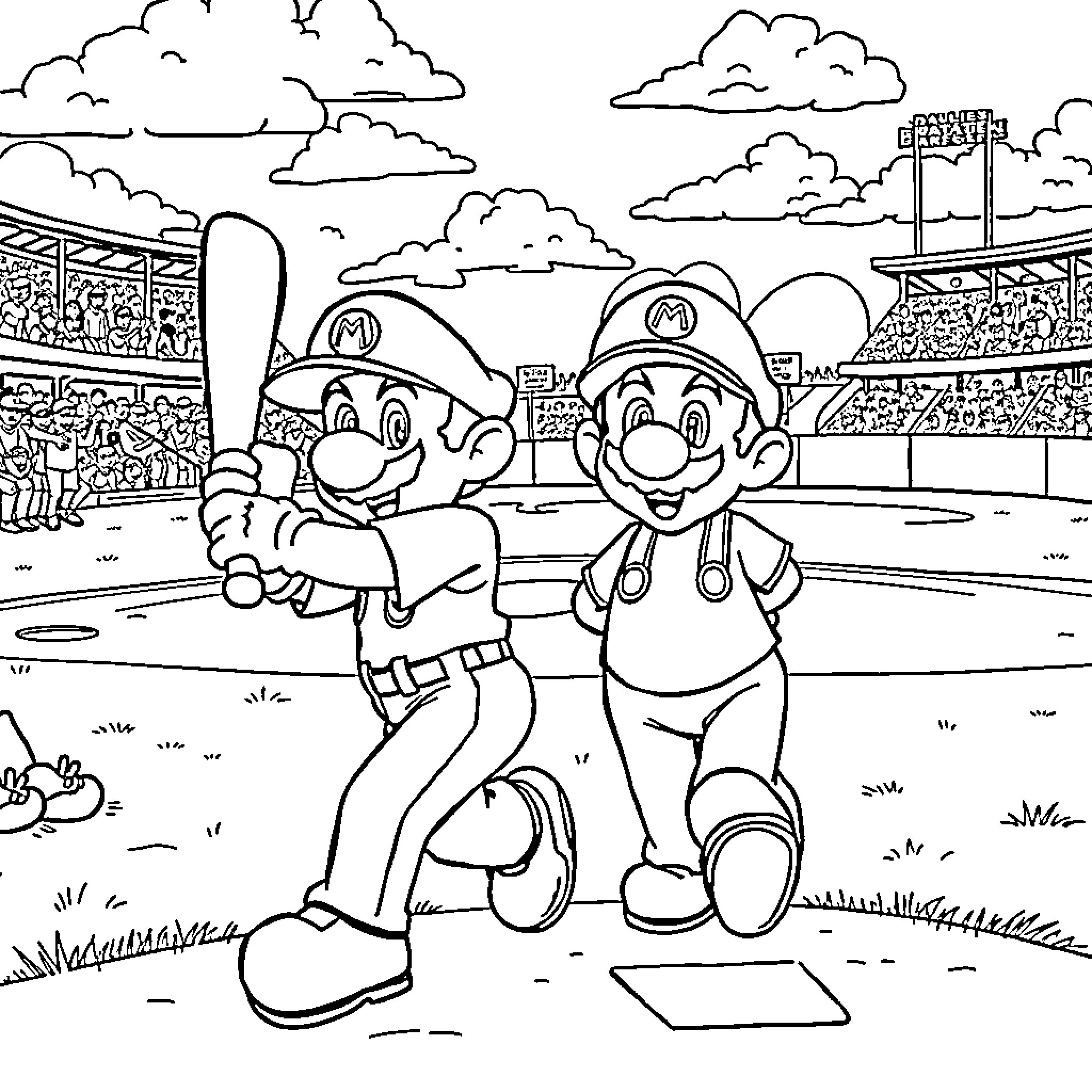 Mario Brothers playing baseball in stadium Coloring Page (free black-and-white line drawing printable PDF for all, from beginners to advanced learners, including children, teens, adults, and seniors)