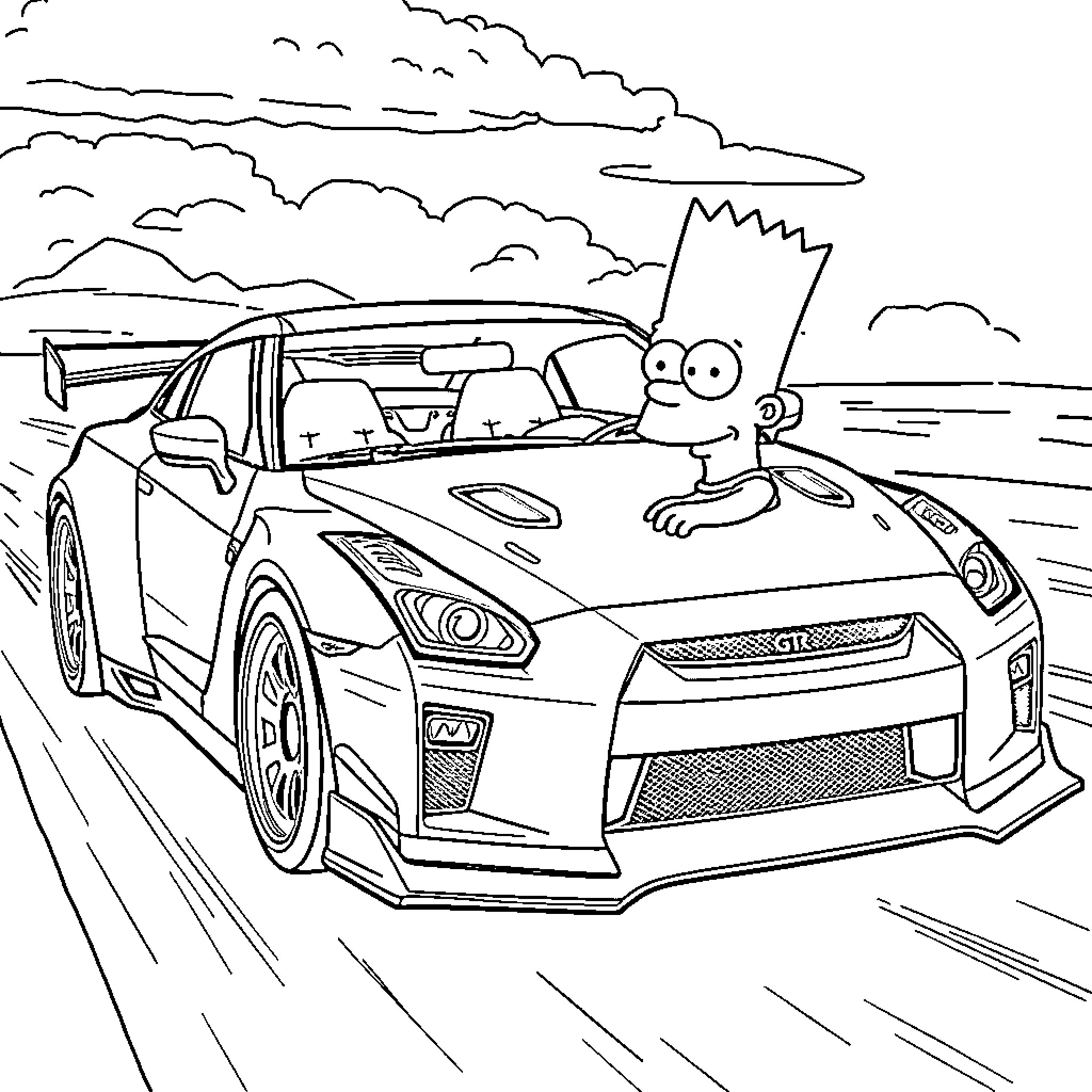 Bart Simpson Driving a High-Performance Sports Car Coloring Page (free black-and-white line drawing printable PDF for all, from beginners to advanced learners, including children, teens, adults, and seniors)