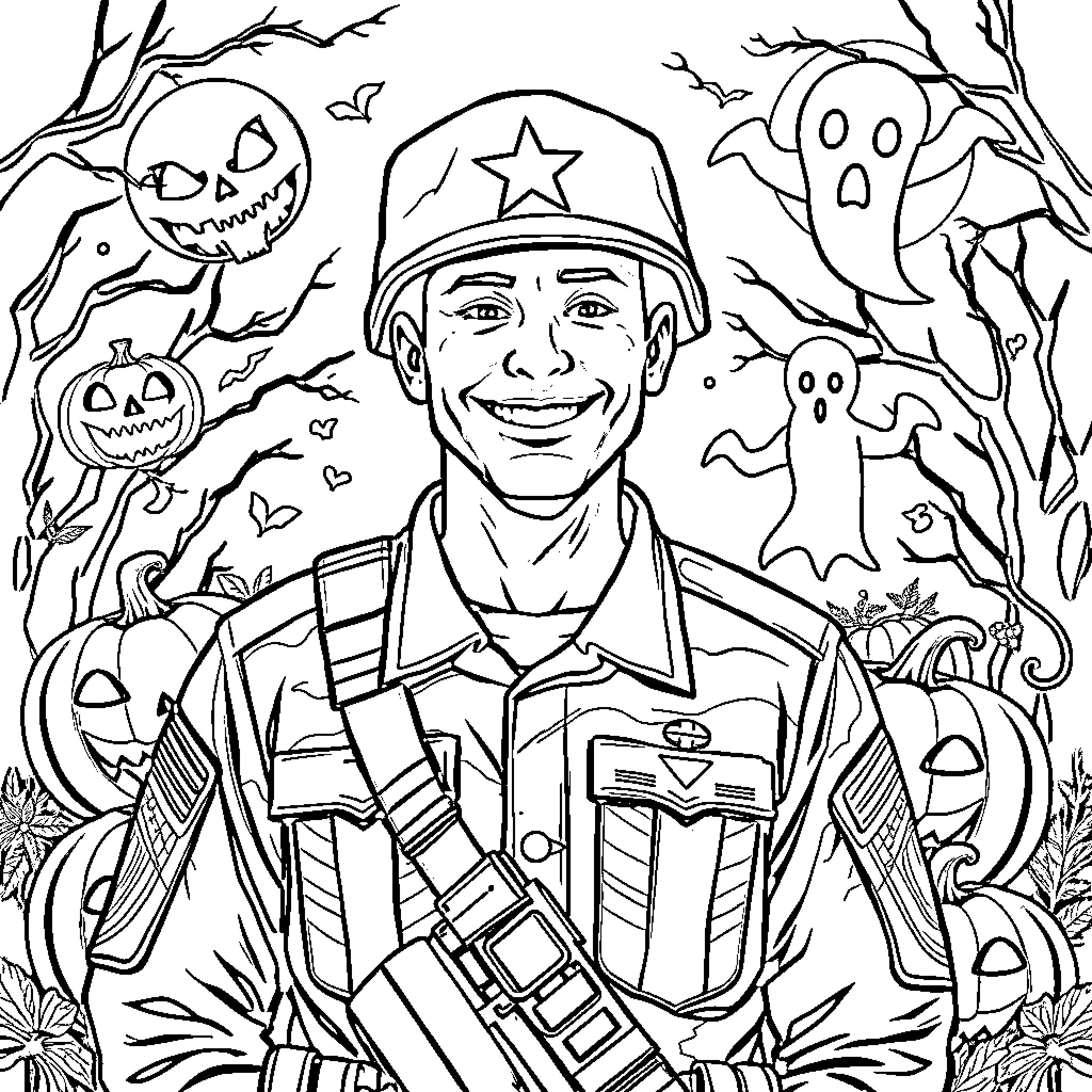 Soldier Patrolling Spooky Halloween Forest Coloring Page (free black-and-white line drawing printable PDF for all, from beginners to advanced learners, including children, teens, adults, and seniors)