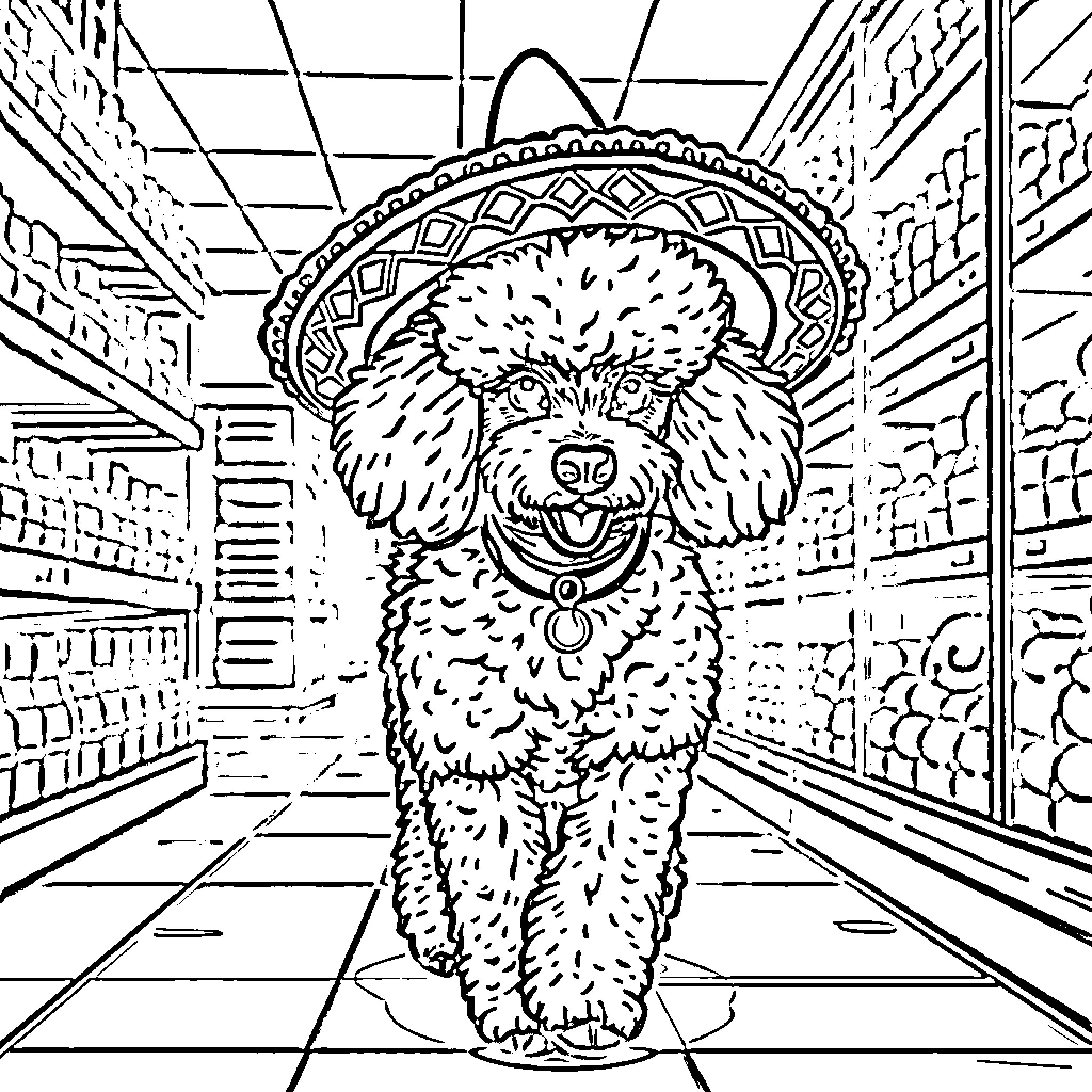 Poodle in an abstract artistic environment Coloring Page (free black-and-white line drawing printable PDF for all, from beginners to advanced learners, including children, teens, adults, and seniors)
