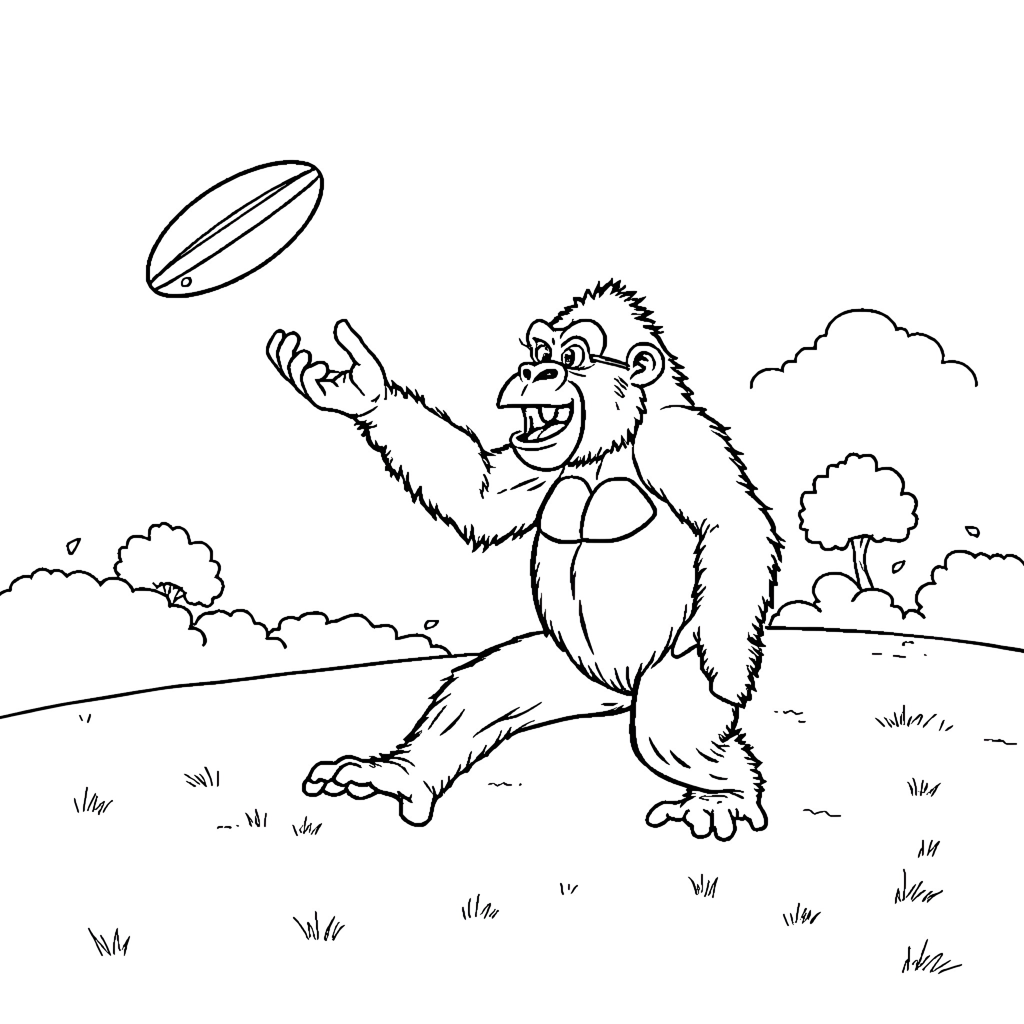 Gorilla enjoying a game of frisbee outdoors Coloring Page (free black-and-white line drawing printable PDF for all, from beginners to advanced learners, including children, teens, adults, and seniors)