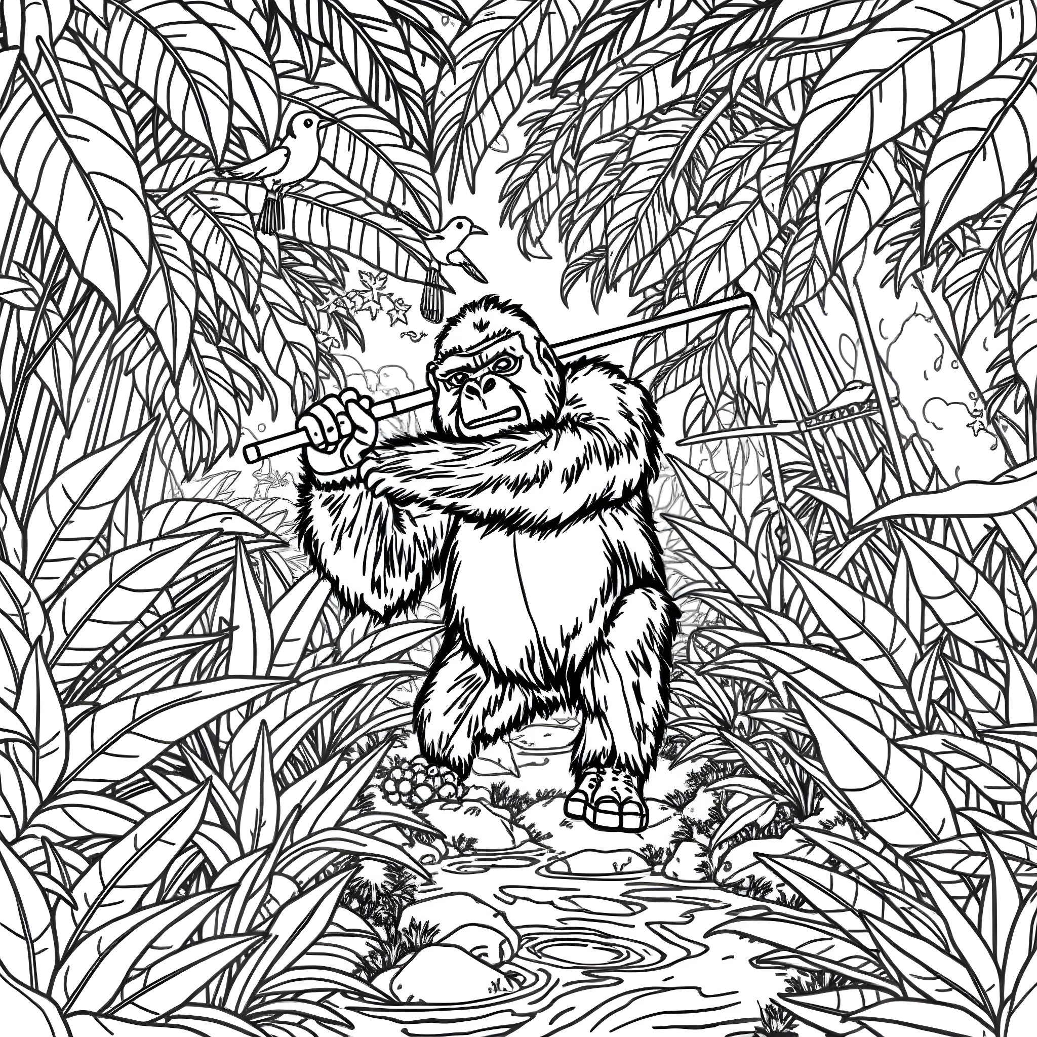 Gorilla wielding a weapon in a lush jungle landscape Coloring Page (free black-and-white line drawing printable PDF for all, from beginners to advanced learners, including children, teens, adults, and seniors)