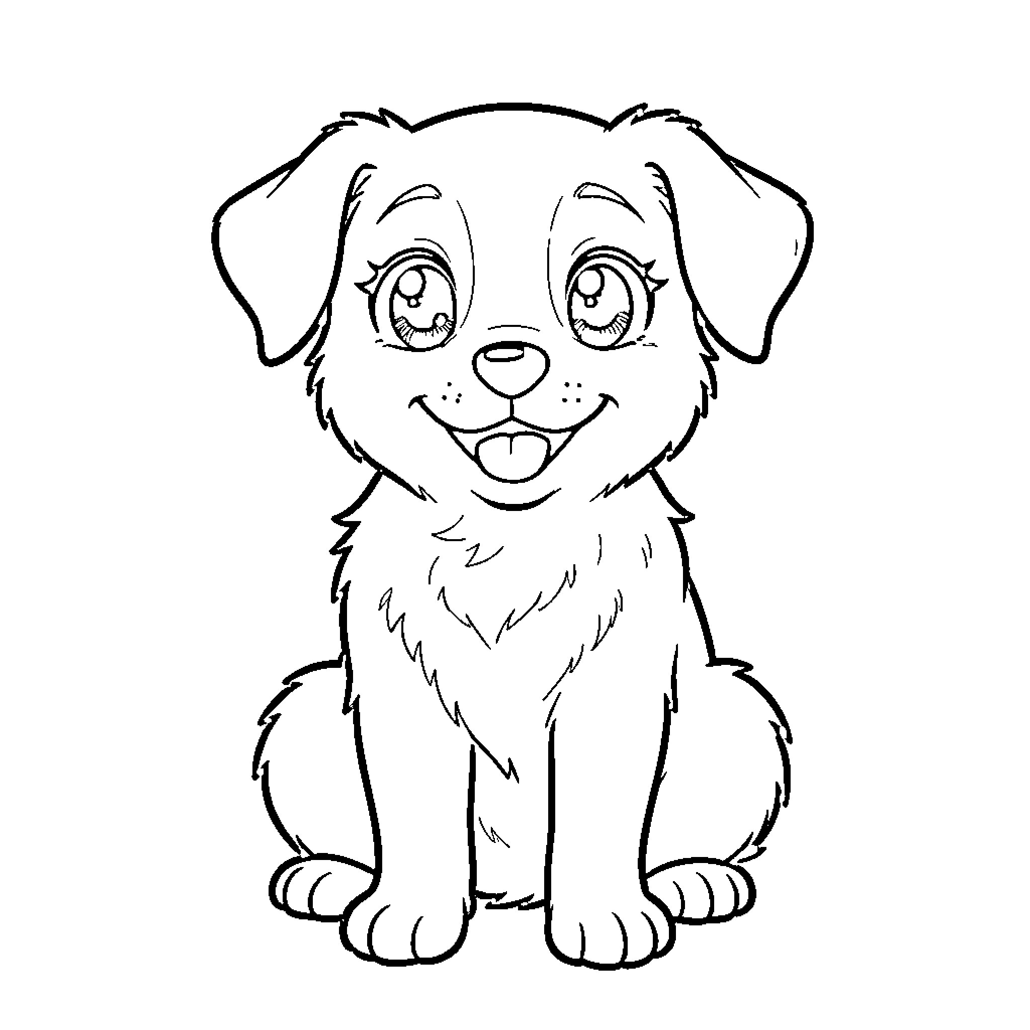 Manga Dog sitting with a happy expression Coloring Page (free black-and-white line drawing printable PDF for all, from beginners to advanced learners, including children, teens, adults, and seniors)