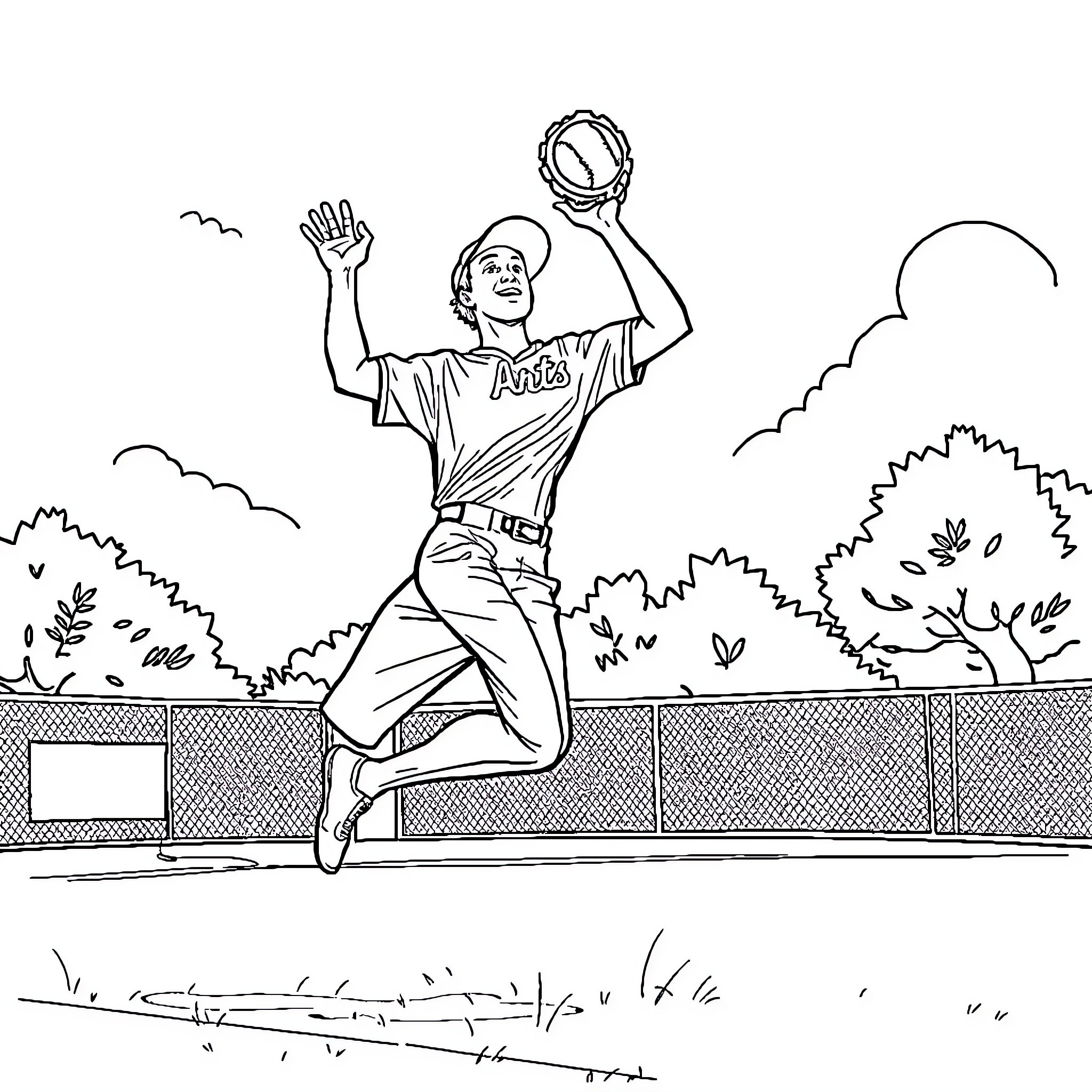 Baseball Player Scoring a Home Run Coloring Page (free black-and-white line drawing printable PDF for all, from beginners to advanced learners, including children, teens, adults, and seniors)