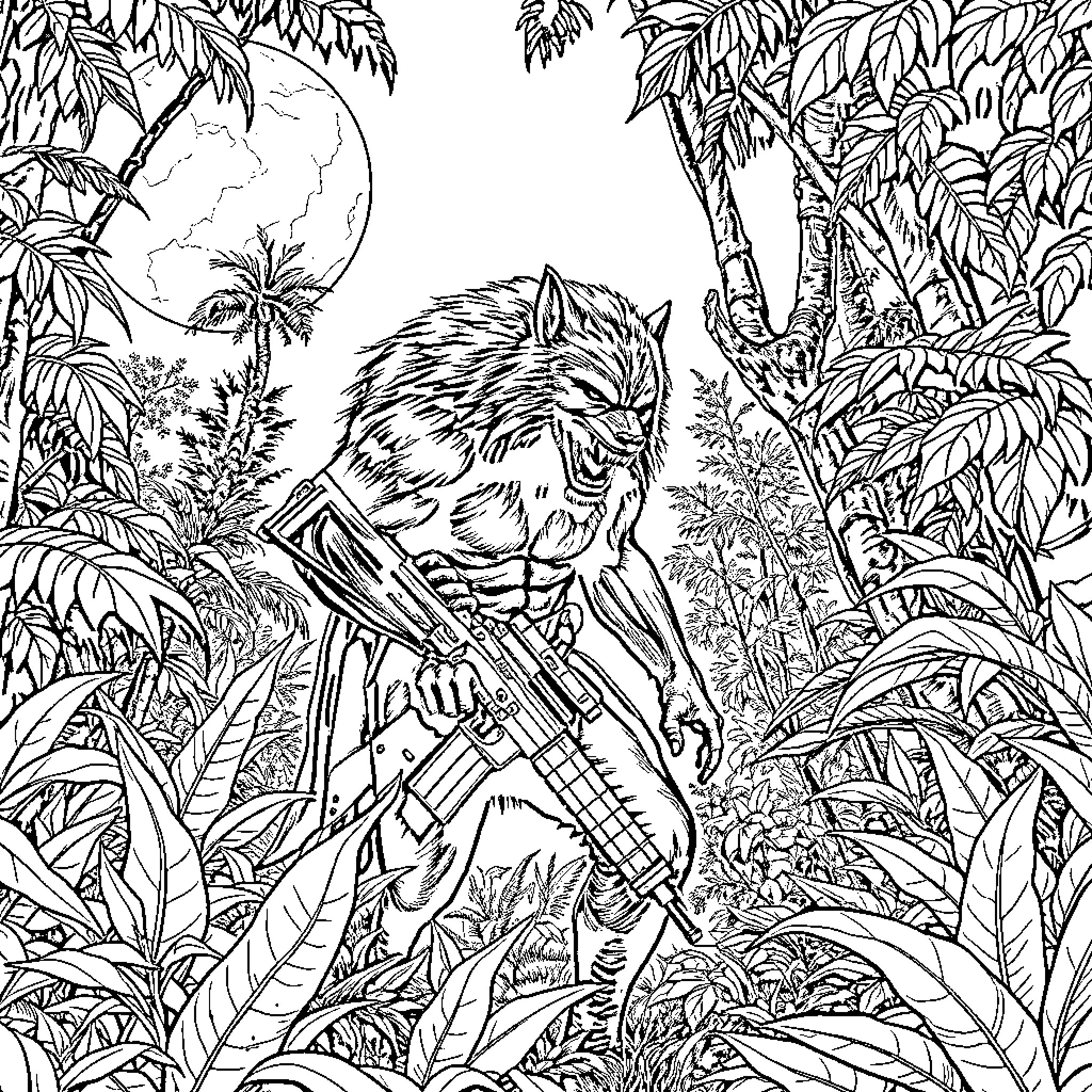 Werewolf hunting in the dense jungle Coloring Page (free black-and-white line drawing printable PDF for all, from beginners to advanced learners, including children, teens, adults, and seniors)