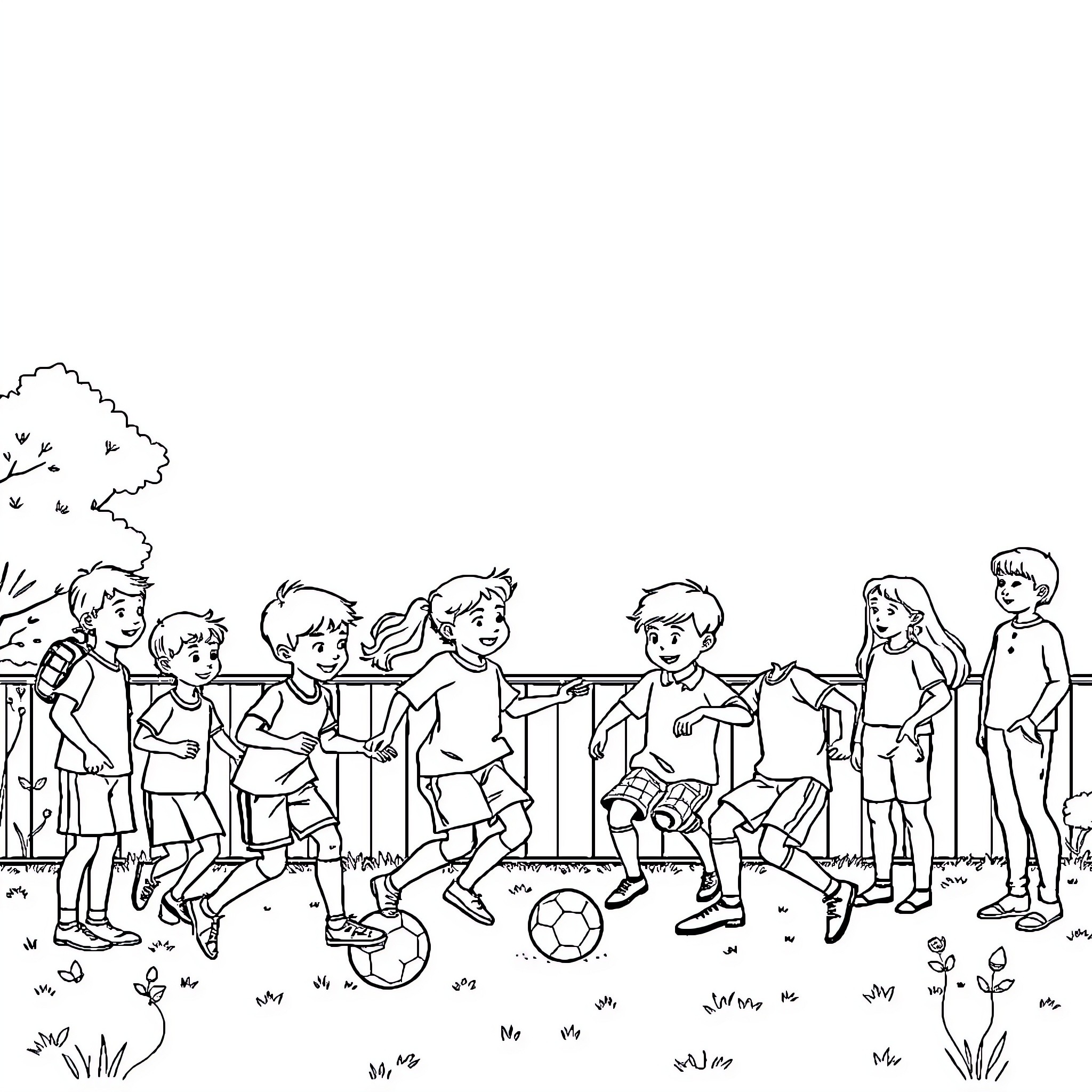 Kinder enjoying soccer game outdoors Coloring Page (free black-and-white line drawing printable PDF for all, from beginners to advanced learners, including children, teens, adults, and seniors)