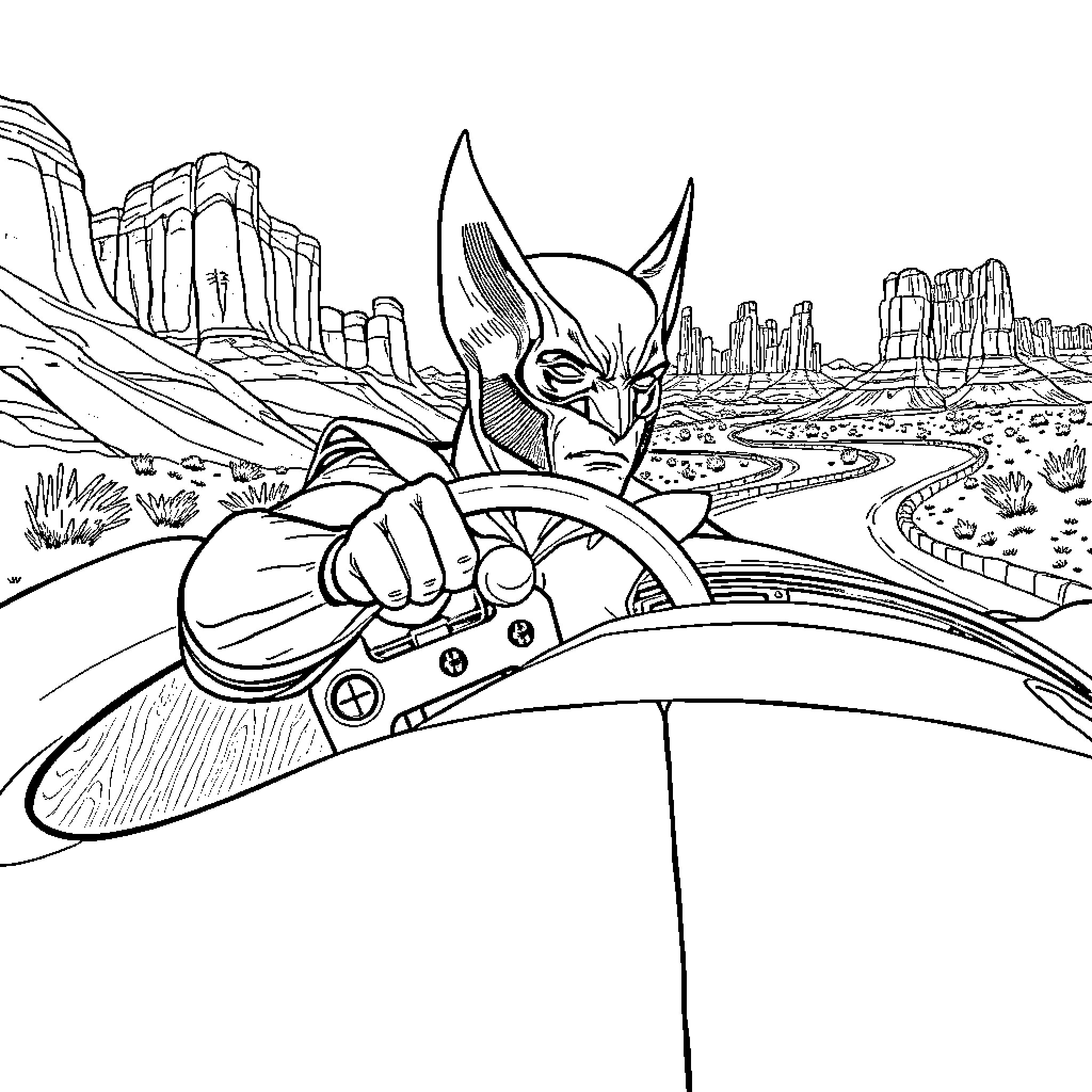 Wolverine speeding through the desert in a futuristic vehicle Coloring Page (free black-and-white line drawing printable PDF for all, from beginners to advanced learners, including children, teens, adults, and seniors)