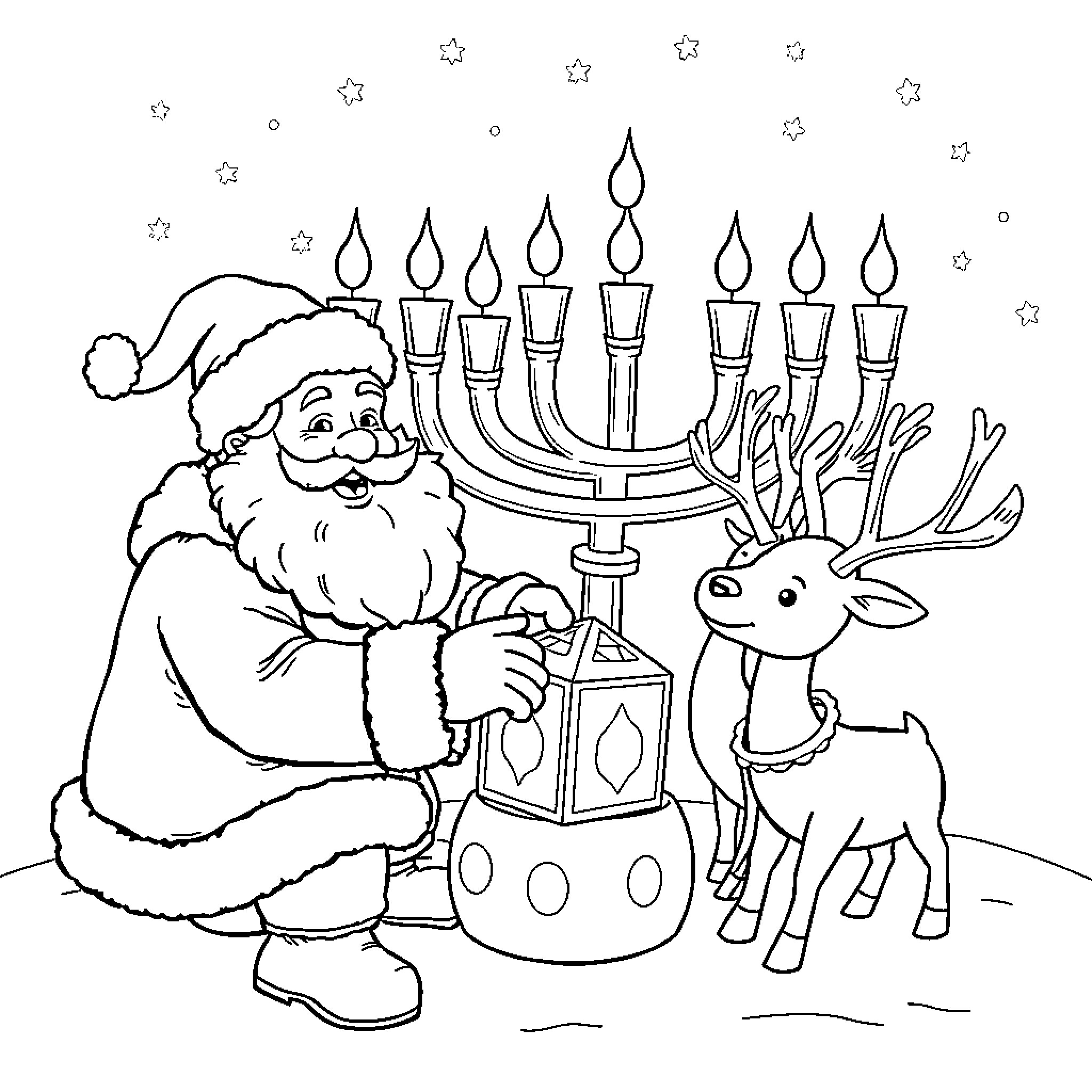 Santa celebrating Hanukkah with reindeer Coloring Page (free black-and-white line drawing printable PDF for all, from beginners to advanced learners, including children, teens, adults, and seniors)