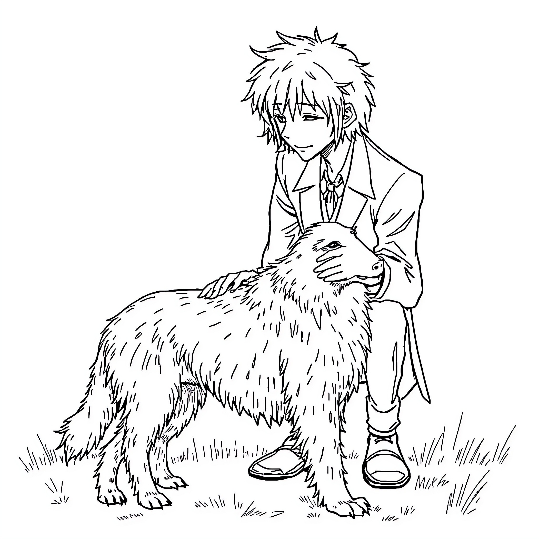 Dazai sitting with a shaggy dog Coloring Page (free black-and-white line drawing printable PDF for all, from beginners to advanced learners, including children, teens, adults, and seniors)