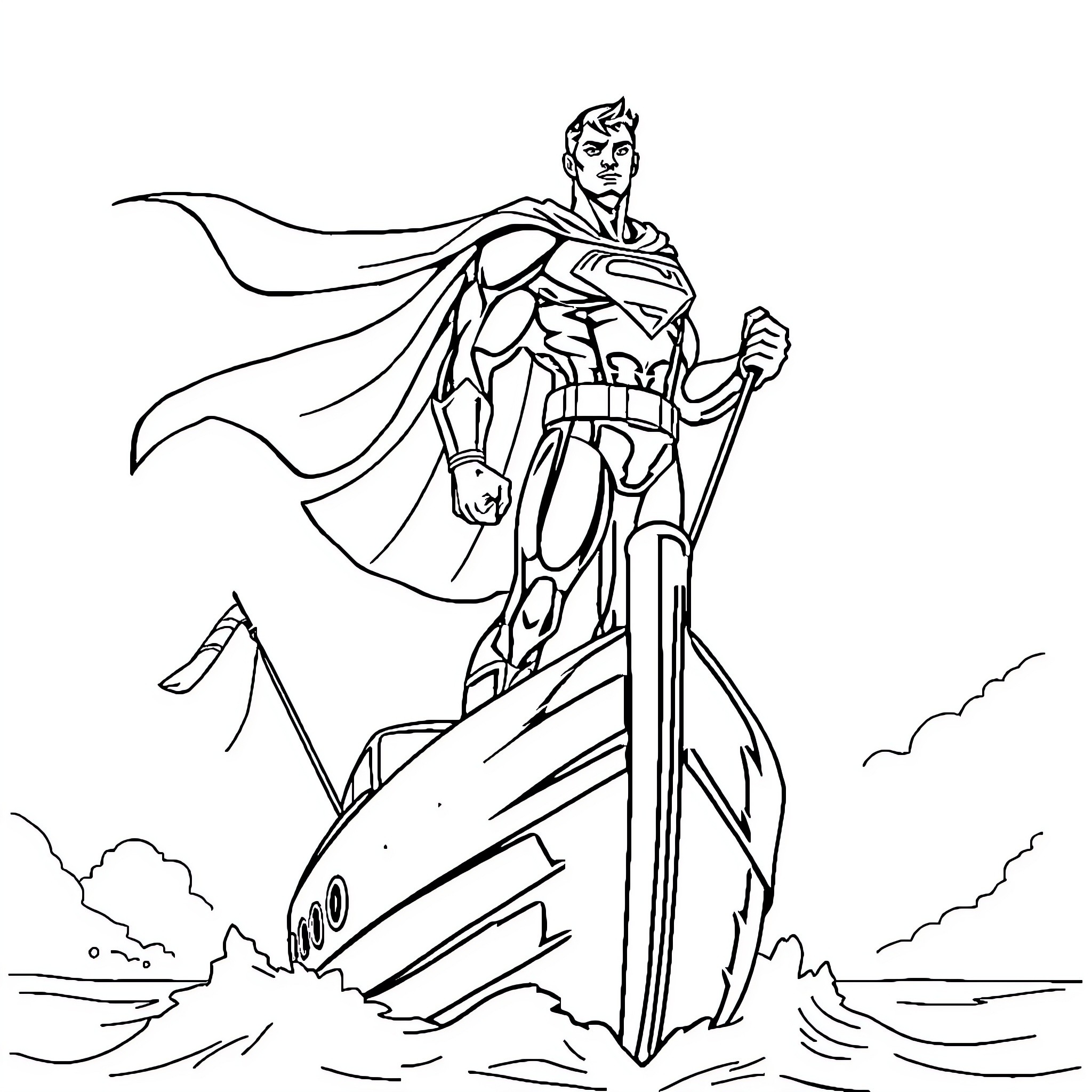 Superman heroically soaring over the waves Coloring Page (free black-and-white line drawing printable PDF for all, from beginners to advanced learners, including children, teens, adults, and seniors)