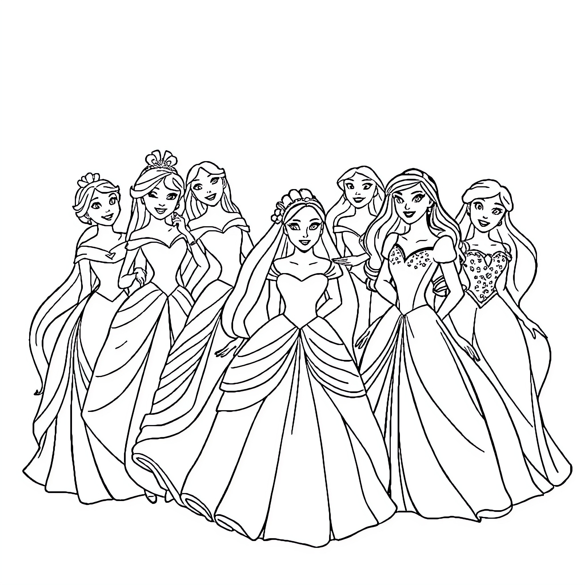 Disney Princesses in Elegant Ball Gowns Coloring Page (free black-and-white line drawing printable PDF for all, from beginners to advanced learners, including children, teens, adults, and seniors)