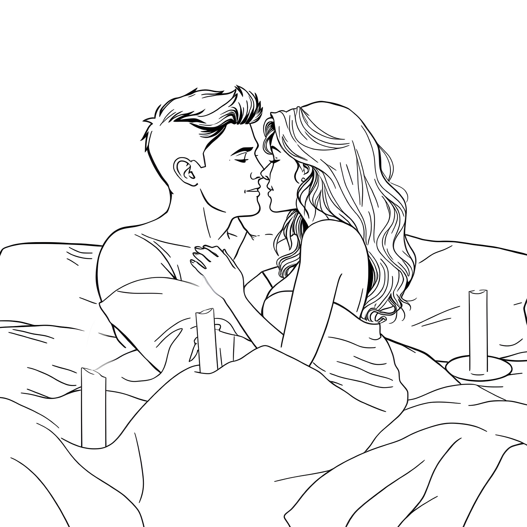 Couple in intimate embrace on the bed Coloring Page (free black-and-white line drawing printable PDF for all, from beginners to advanced learners, including children, teens, adults, and seniors)