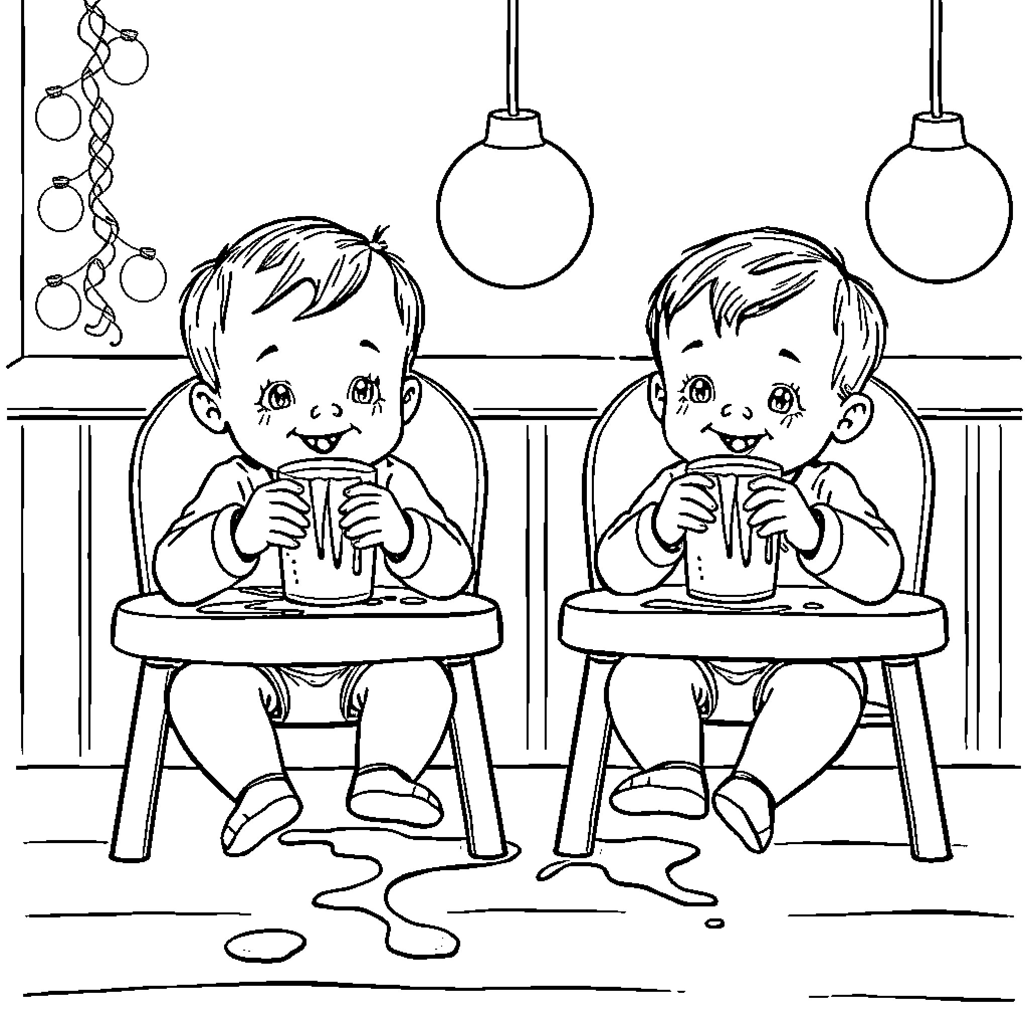 Twin Boys Enjoying Their Snacks Coloring Page (free black-and-white line drawing printable PDF for all, from beginners to advanced learners, including children, teens, adults, and seniors)