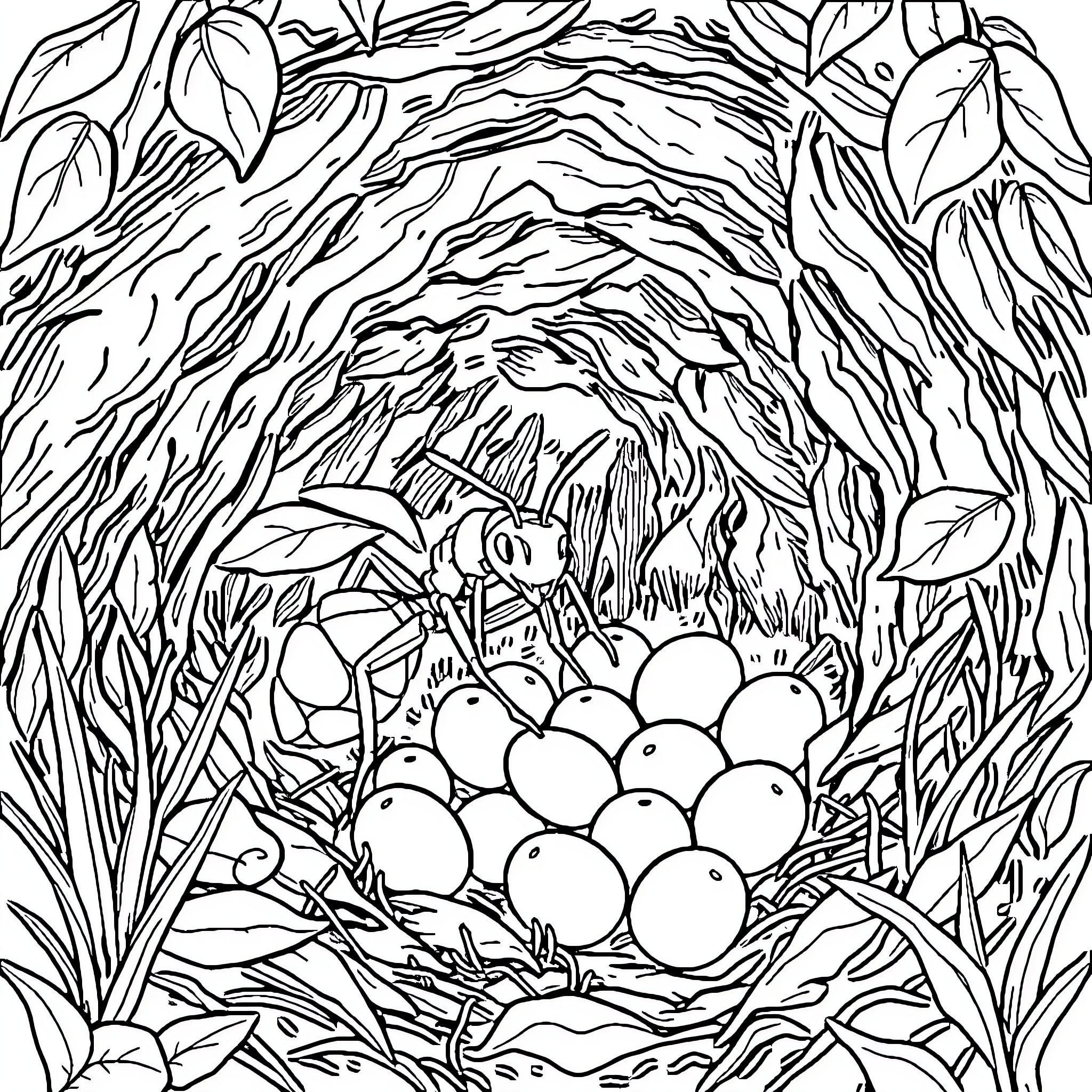 Queen Ant's Magnificent Nest in the Enchanted Forest Coloring Page (free black-and-white line drawing printable PDF for all, from beginners to advanced learners, including children, teens, adults, and seniors)