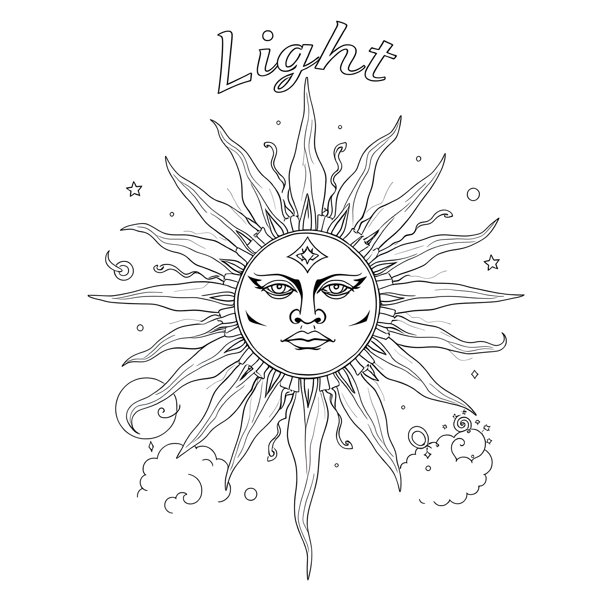 Sun God illuminating the celestial realm Coloring Page (free black-and-white line drawing printable PDF for all, from beginners to advanced learners, including children, teens, adults, and seniors)