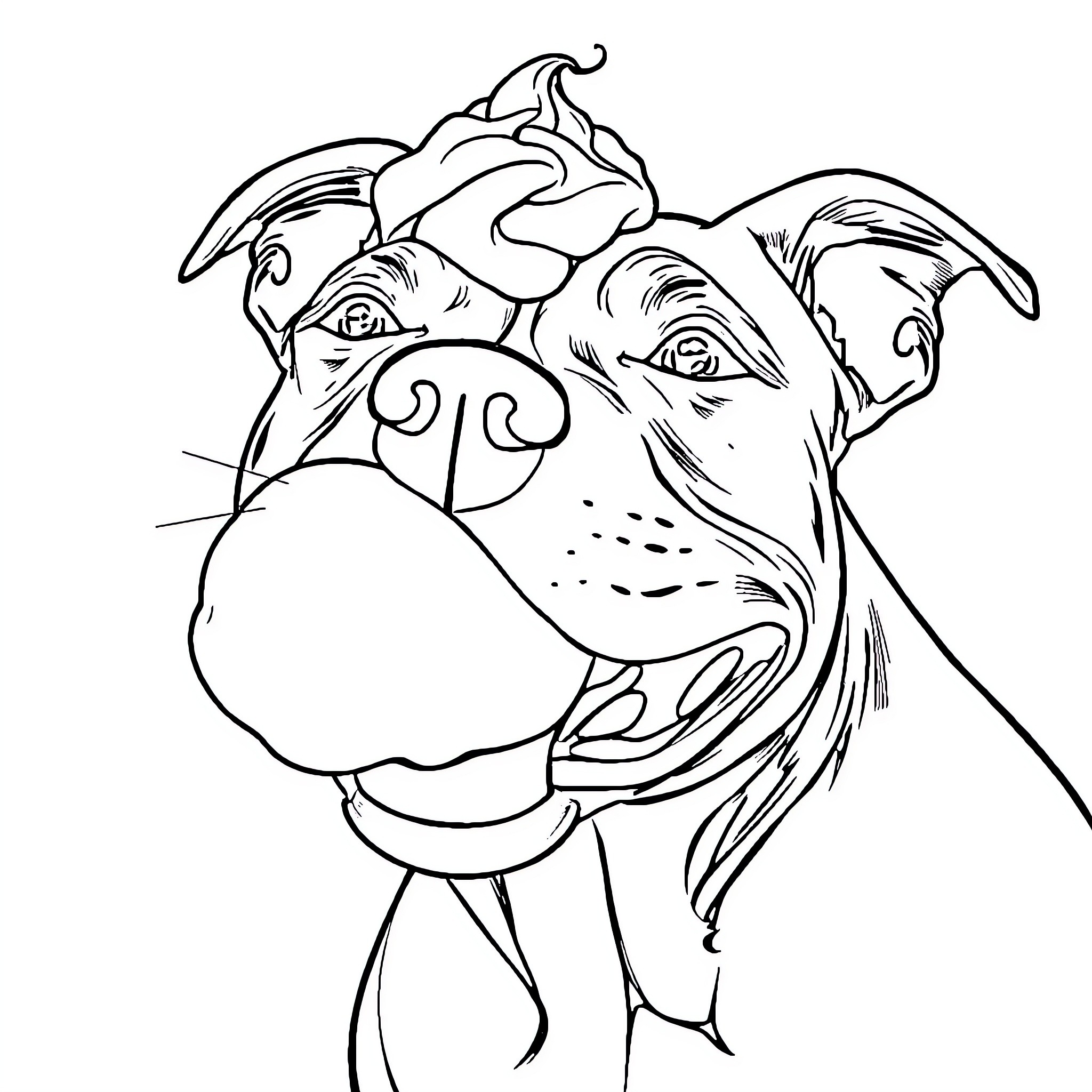 Pitbull smiling happily with tongue out Coloring Page (free black-and-white line drawing printable PDF for all, from beginners to advanced learners, including children, teens, adults, and seniors)