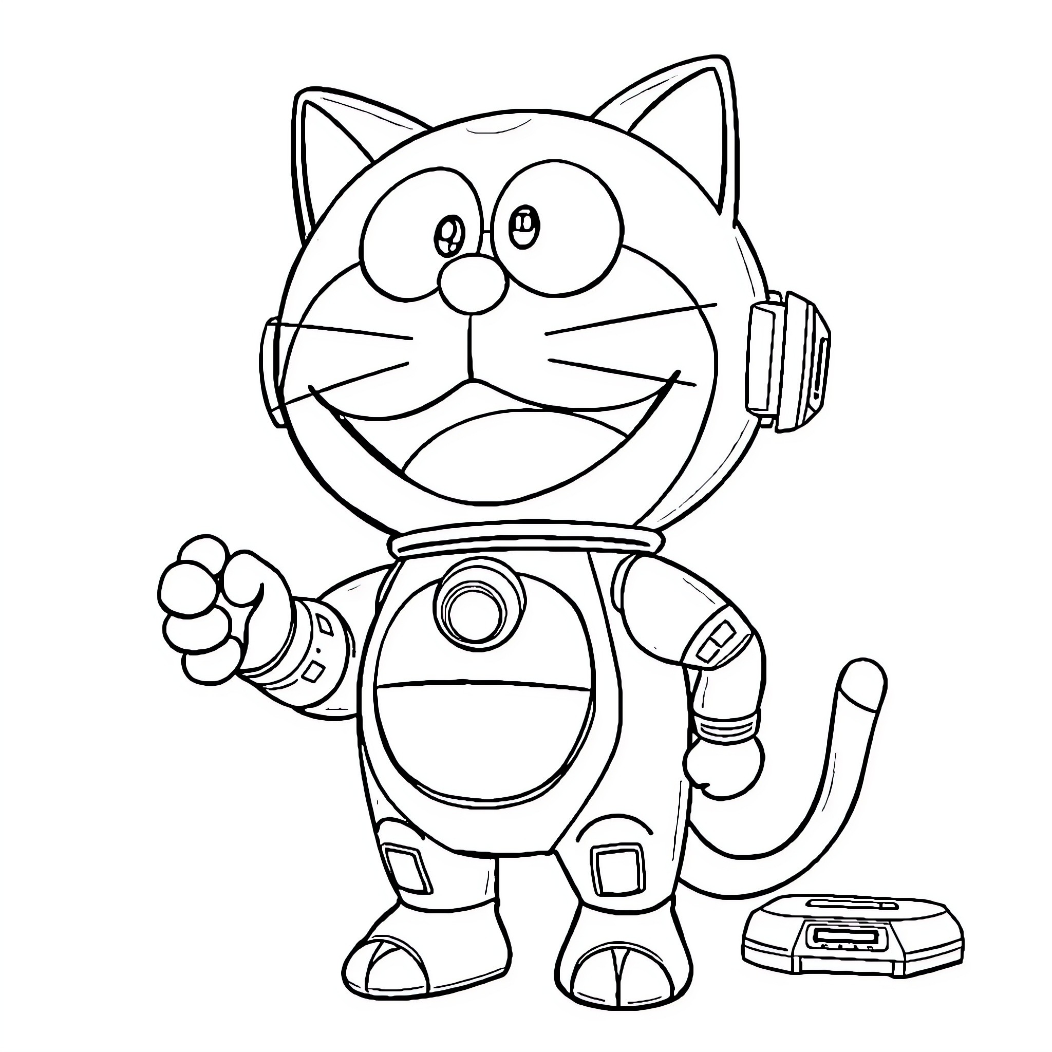 Doraemon the Robotic Cat in Action Coloring Page (free black-and-white line drawing printable PDF for all, from beginners to advanced learners, including children, teens, adults, and seniors)