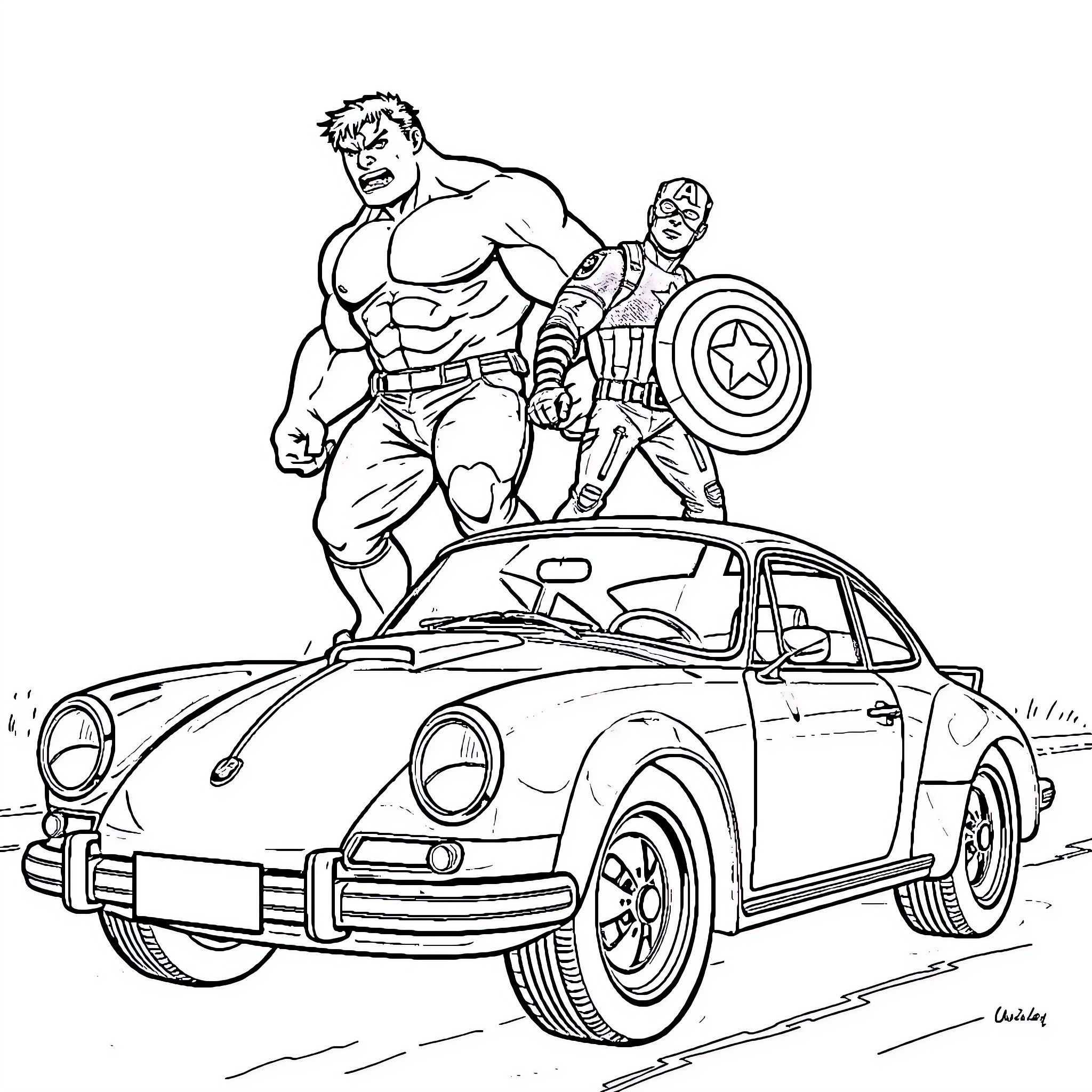 Hulk and Captain America in action against vehicle Coloring Page (free black-and-white line drawing printable PDF for all, from beginners to advanced learners, including children, teens, adults, and seniors)