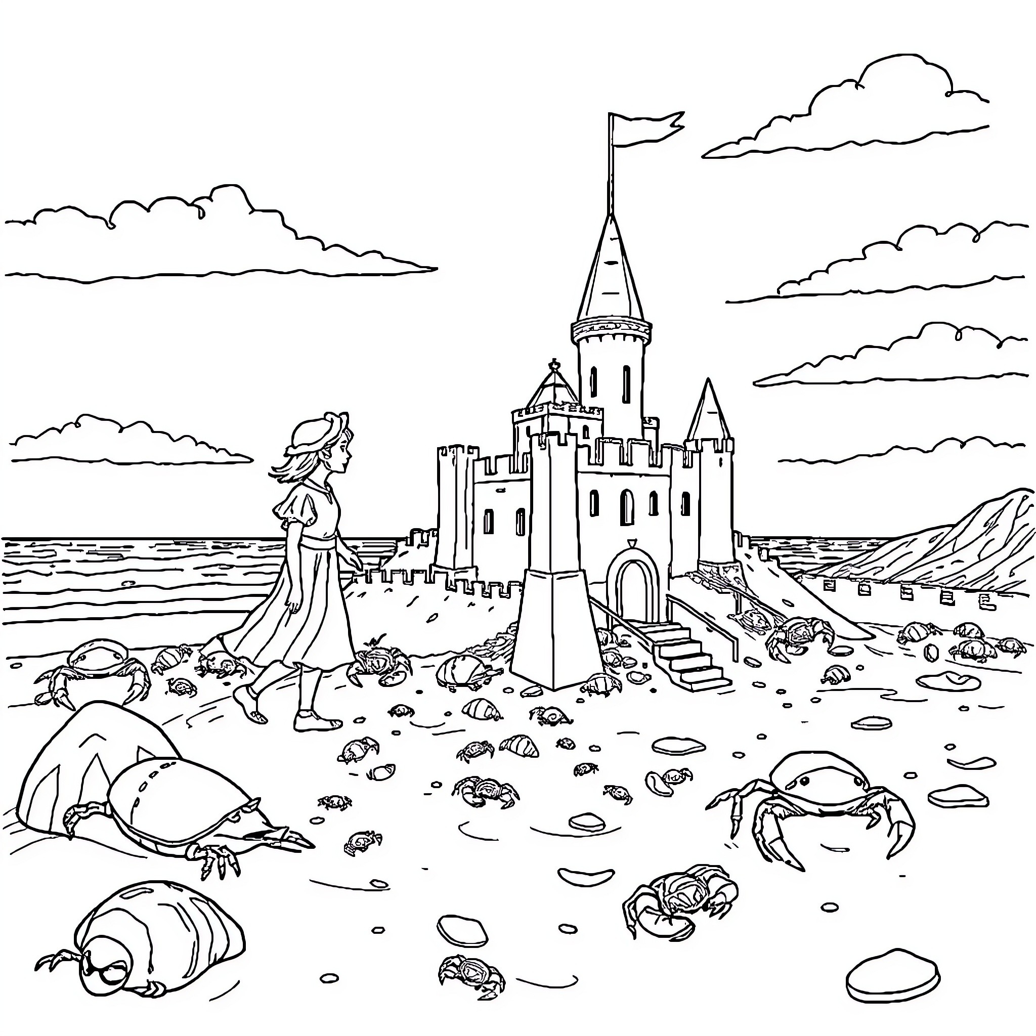Snow White explores the fairy tale castle by the sea Coloring Page (free black-and-white line drawing printable PDF for all, from beginners to advanced learners, including children, teens, adults, and seniors)