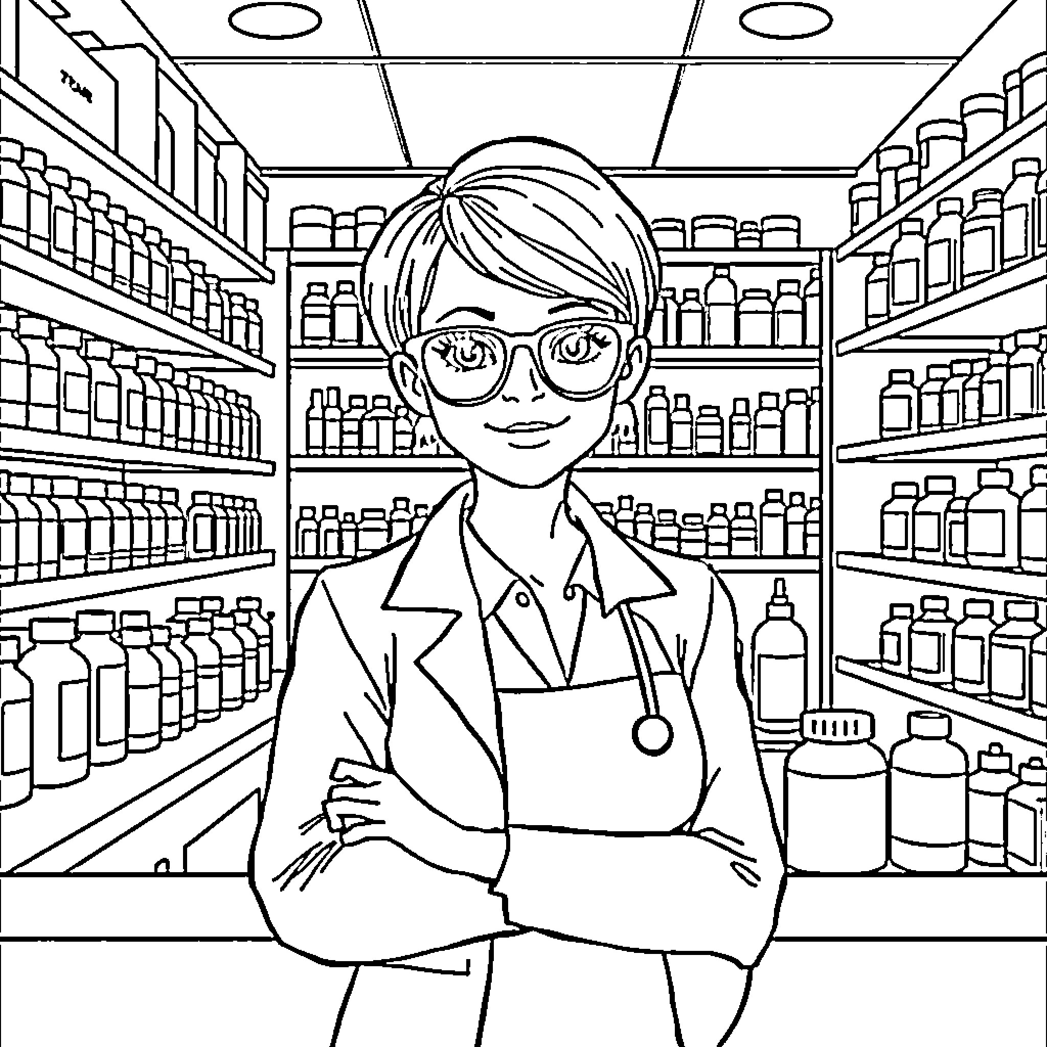 Pharmacist working diligently in a well-stocked pharmacy Coloring Page (free black-and-white line drawing printable PDF for all, from beginners to advanced learners, including children, teens, adults, and seniors)