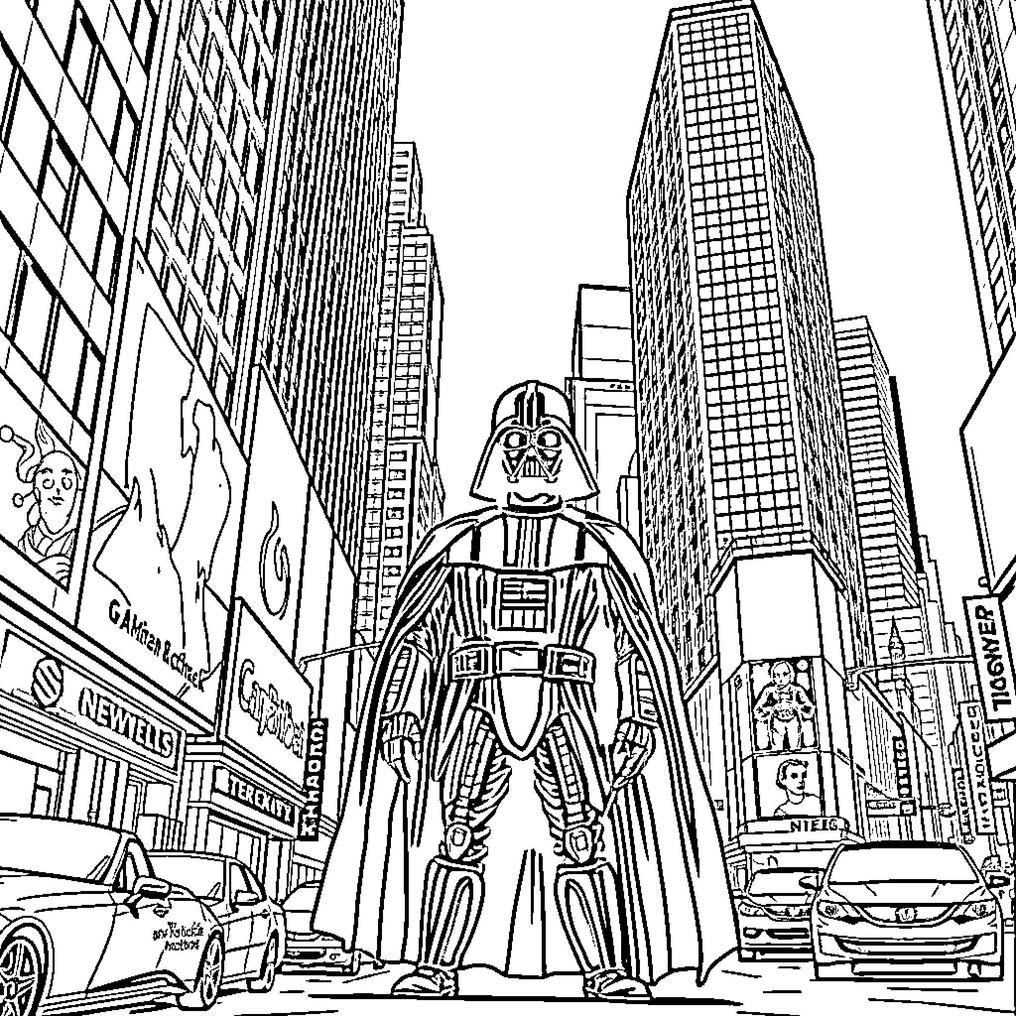 Darth Vader looming over futuristic cityscape Coloring Page (free black-and-white line drawing printable PDF for all, from beginners to advanced learners, including children, teens, adults, and seniors)
