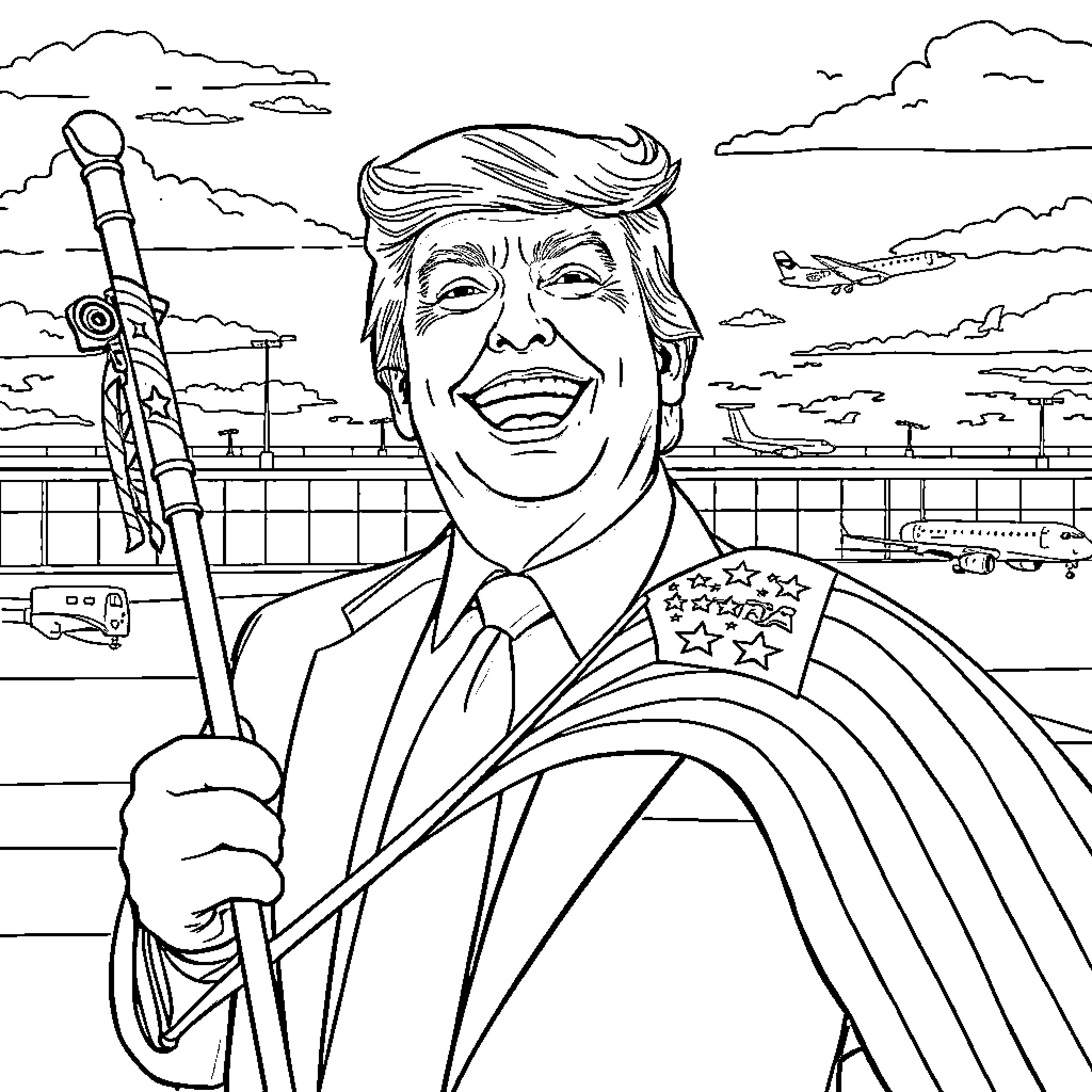 Donald Trump's Triumphant Pose Amid Patriotic Imagery Coloring Page (free black-and-white line drawing printable PDF for all, from beginners to advanced learners, including children, teens, adults, and seniors)