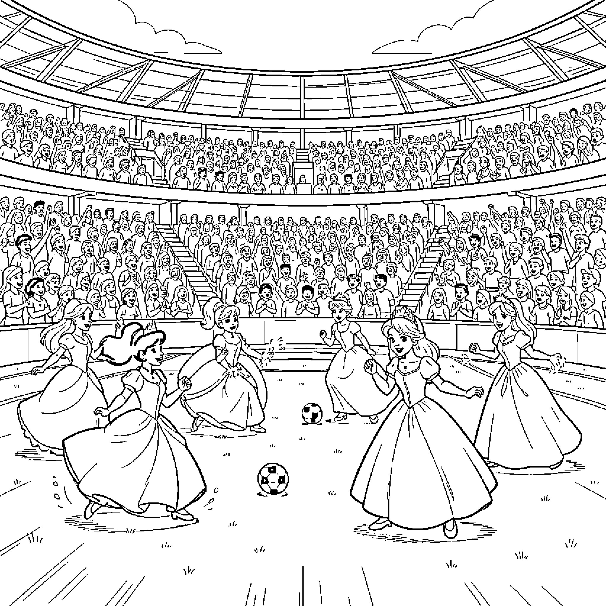 Disney Princesses playing soccer in a crowded stadium Coloring Page (free black-and-white line drawing printable PDF for all, from beginners to advanced learners, including children, teens, adults, and seniors)