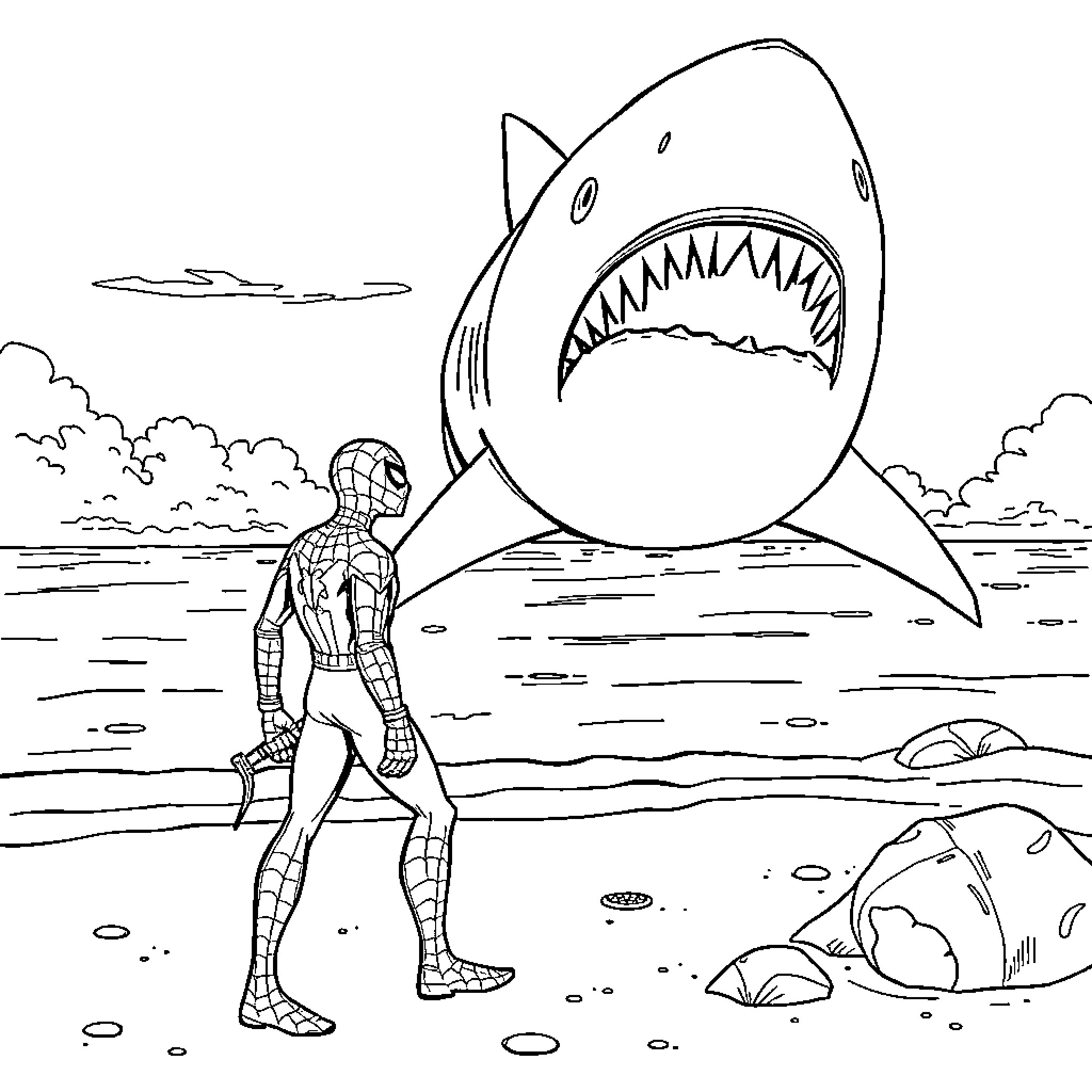 Spidey's Shark Encounter on the Beach Coloring Page (free black-and-white line drawing printable PDF for all, from beginners to advanced learners, including children, teens, adults, and seniors)
