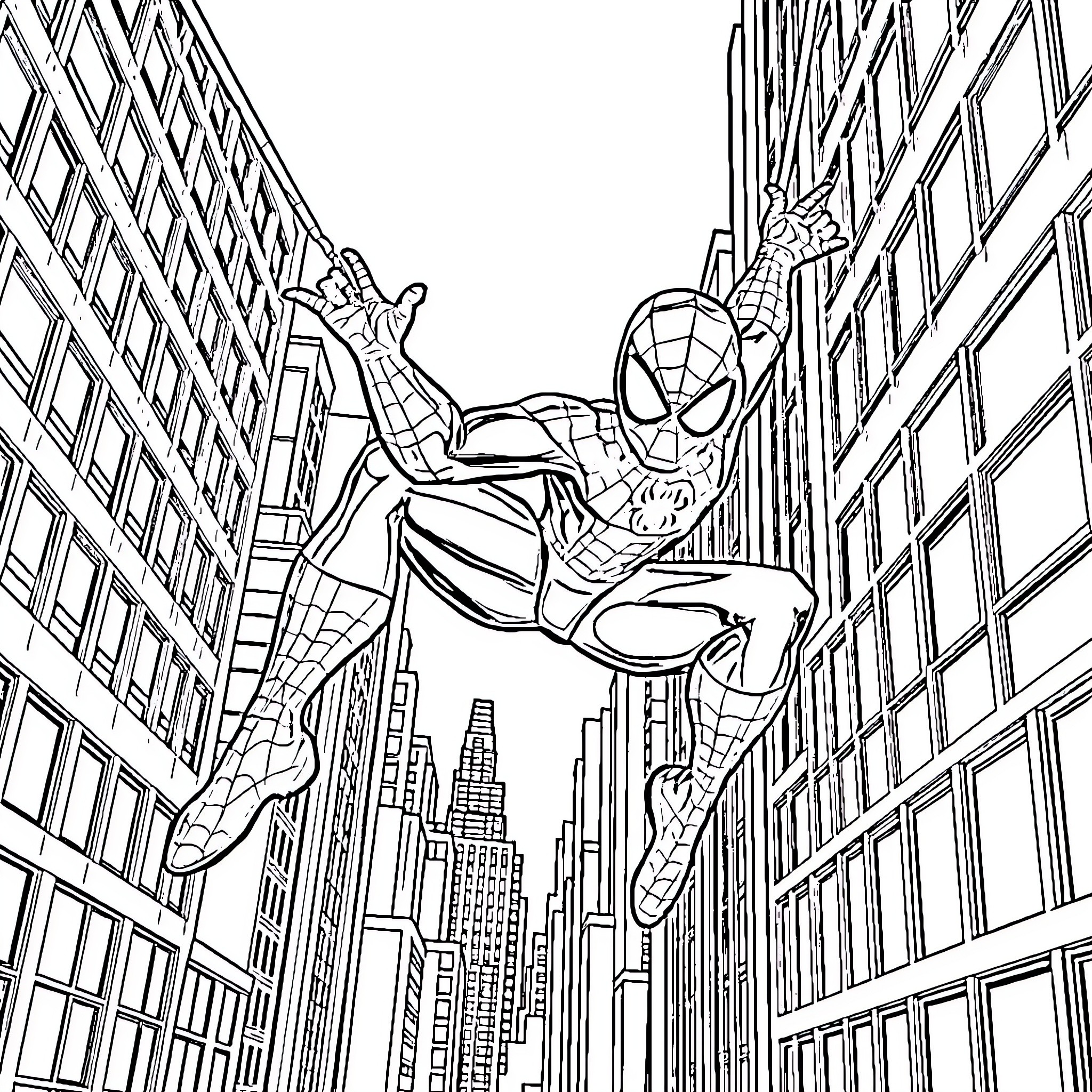 Spiderman swinging through the city skyline Coloring Page (free black-and-white line drawing printable PDF for all, from beginners to advanced learners, including children, teens, adults, and seniors)