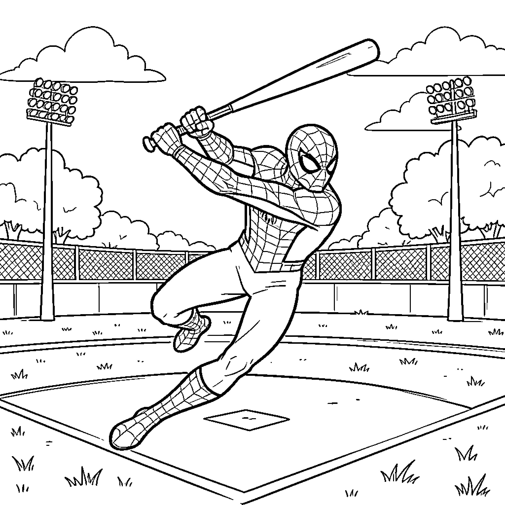 Spiderman swinging a baseball bat in a stadium Coloring Page (free black-and-white line drawing printable PDF for all, from beginners to advanced learners, including children, teens, adults, and seniors)
