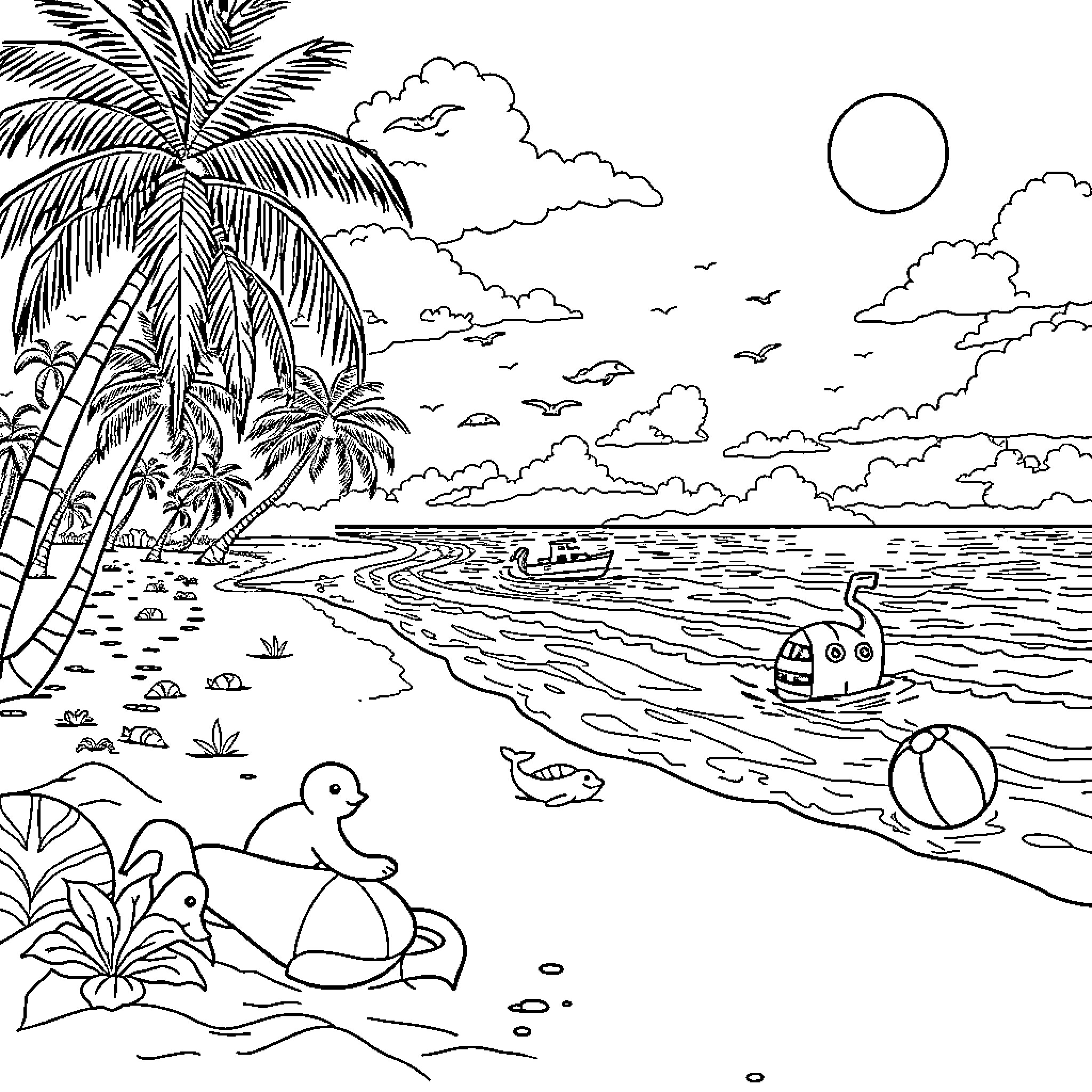 Playa beach scene with palm trees and water Coloring Page (free black-and-white line drawing printable PDF for all, from beginners to advanced learners, including children, teens, adults, and seniors)