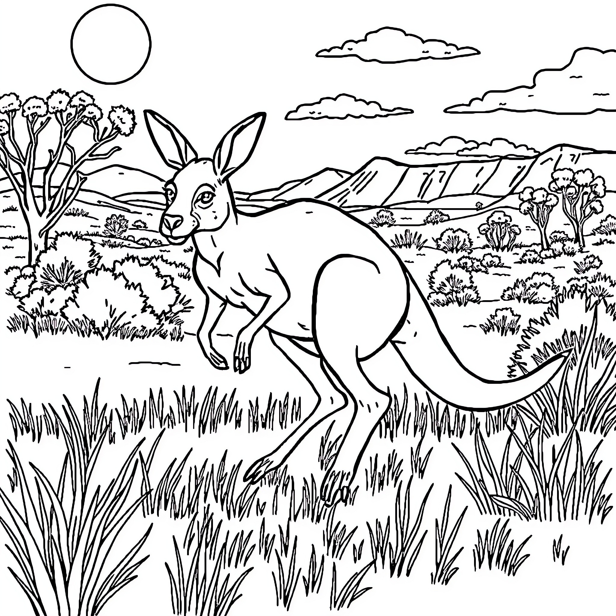 Kangaroo exploring the serene landscape Coloring Page (free black-and-white line drawing printable PDF for all, from beginners to advanced learners, including children, teens, adults, and seniors)