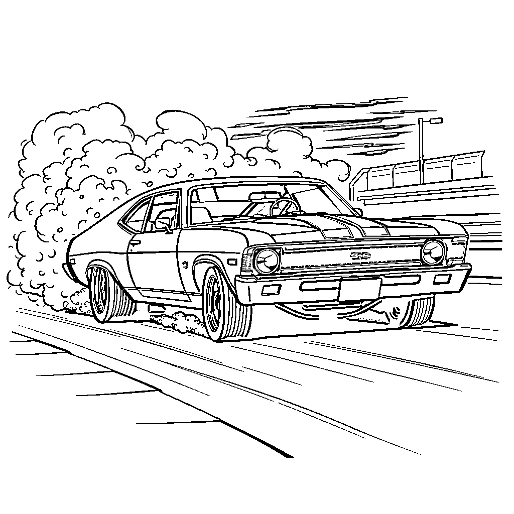 Nova racing muscle car speeding on the road Coloring Page (free black-and-white line drawing printable PDF for all, from beginners to advanced learners, including children, teens, adults, and seniors)