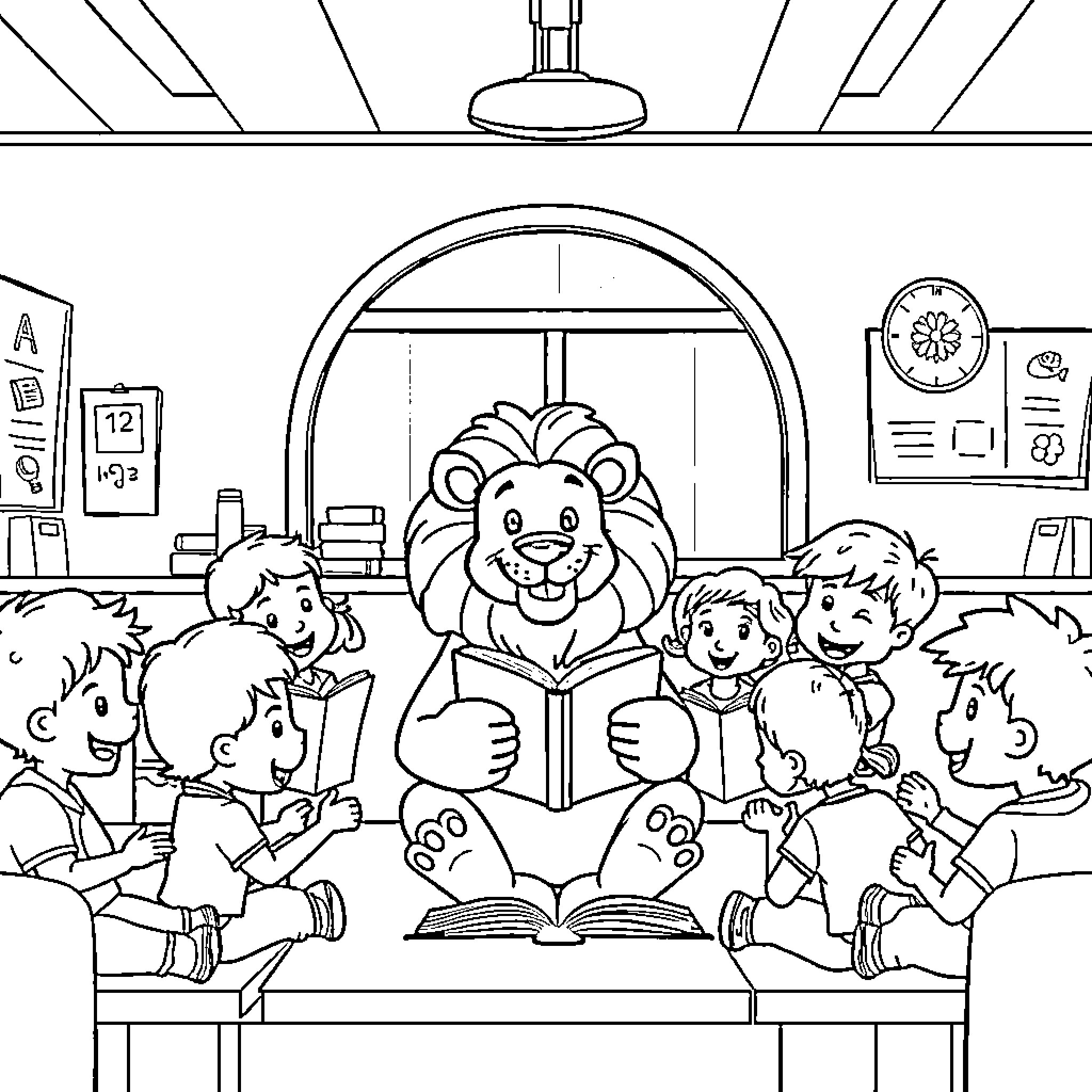 Lion reading to children in classroom Coloring Page (free black-and-white line drawing printable PDF for all, from beginners to advanced learners, including children, teens, adults, and seniors)